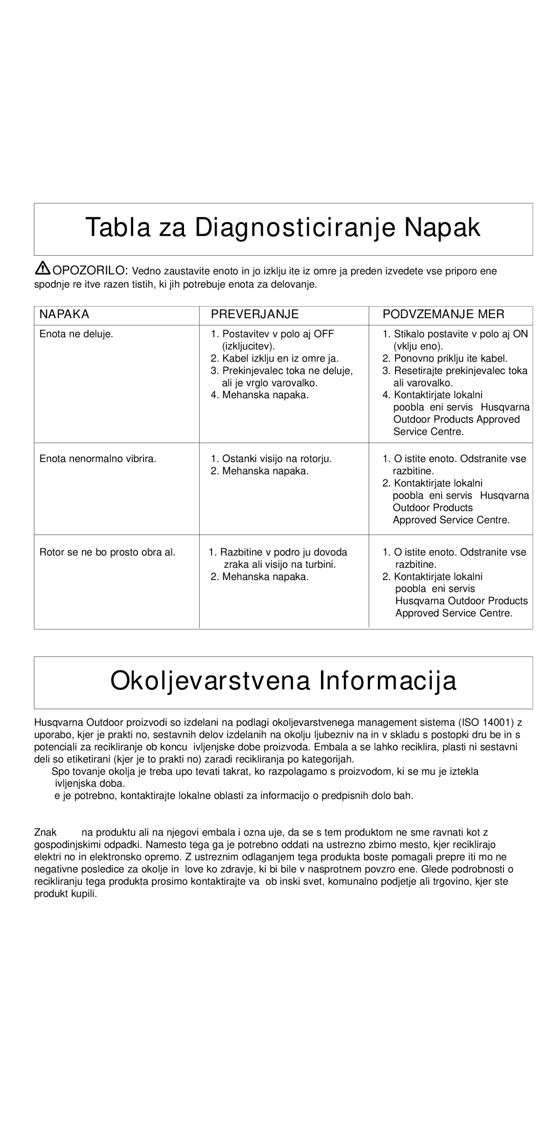 Flymo 2000 Tabla za Diagnosticiranje Napak, Okoljevarstvena Informacija, Napaka Preverjanje Podvzemanje MER 