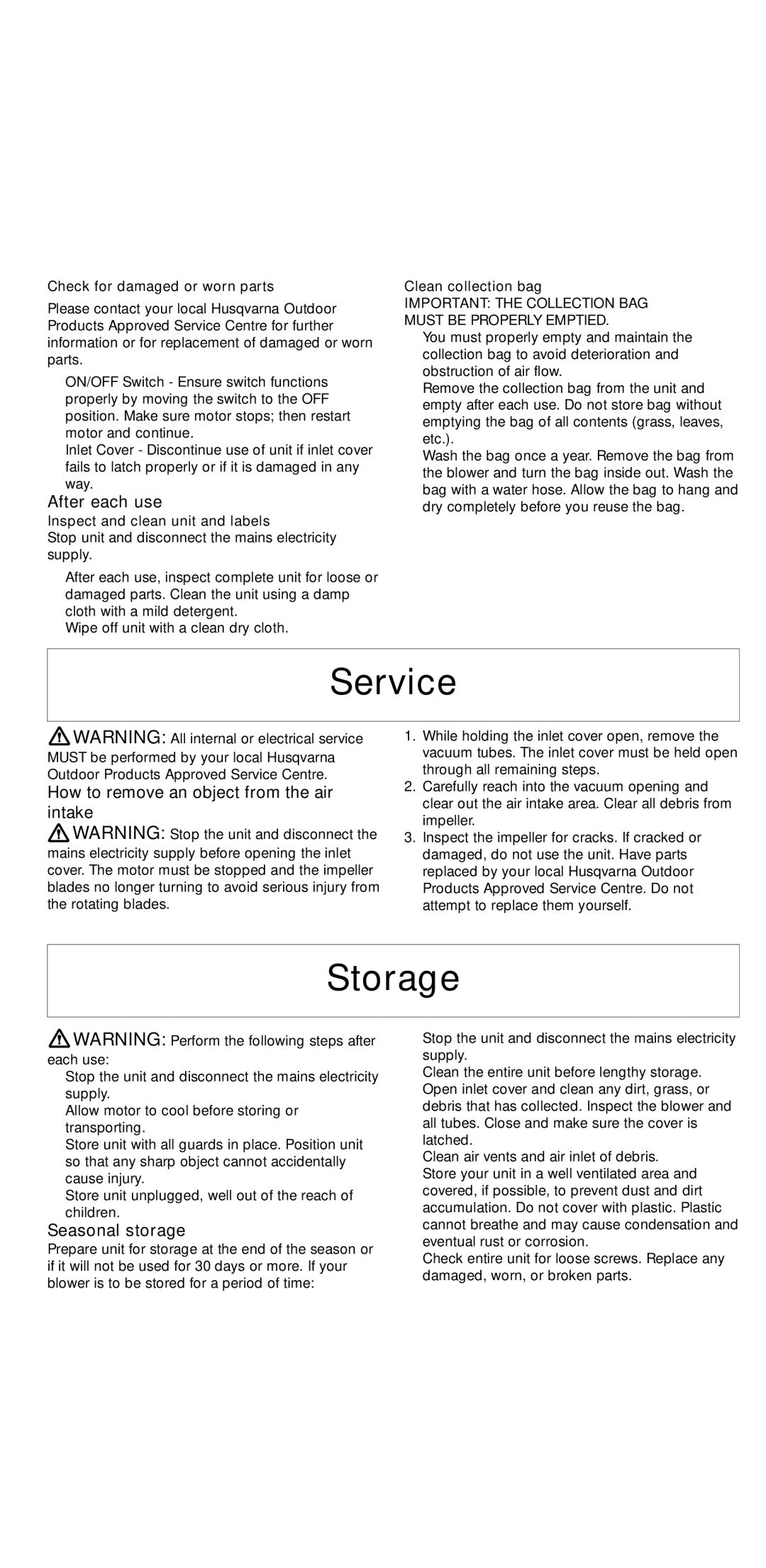 Flymo 2000 Service, Storage, After each use, How to remove an object from the air intake, Seasonal storage 