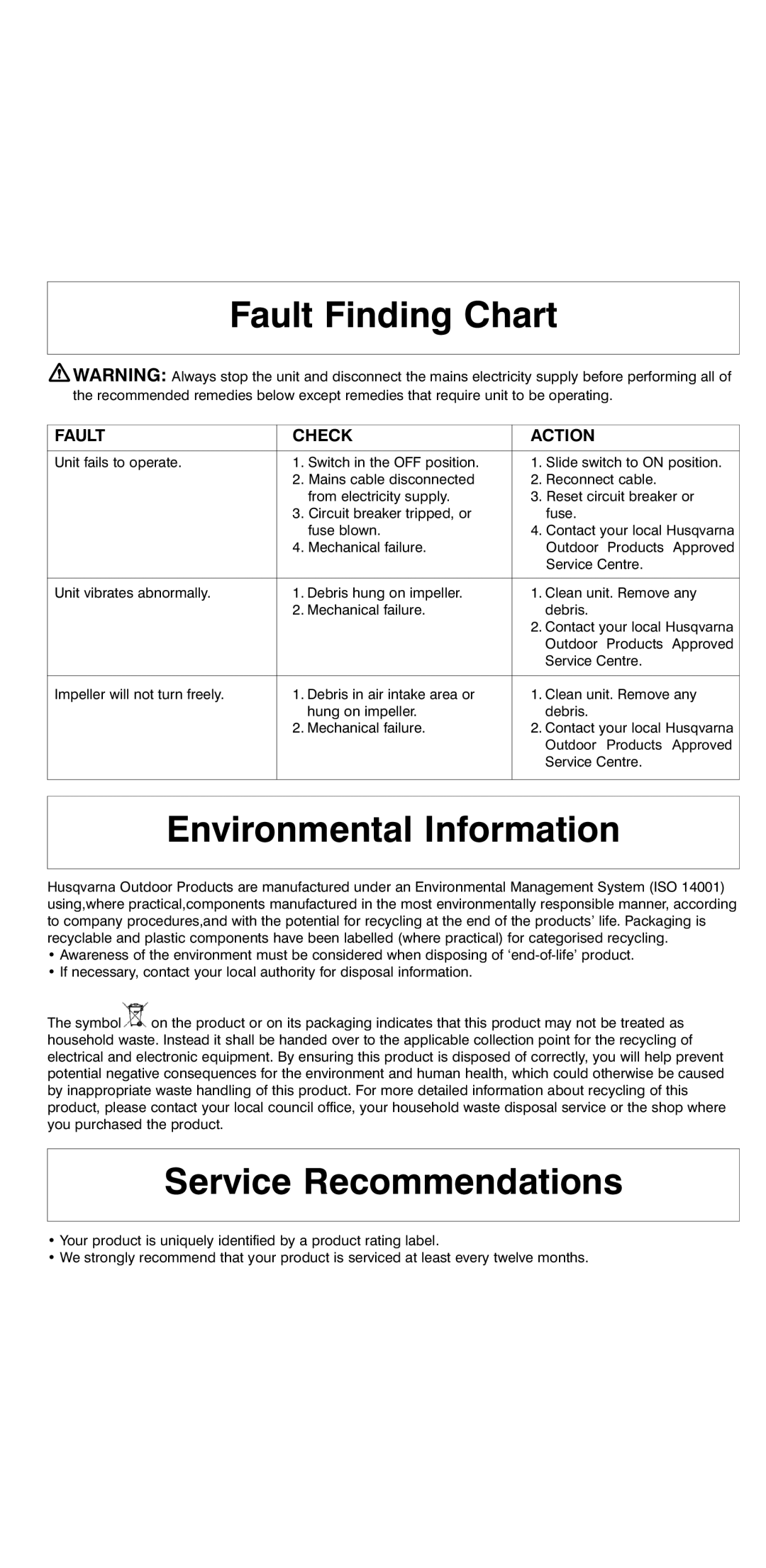 Flymo 2000 instruction manual Fault Finding Chart, Environmental Information, Service Recommendations, Fault Check Action 