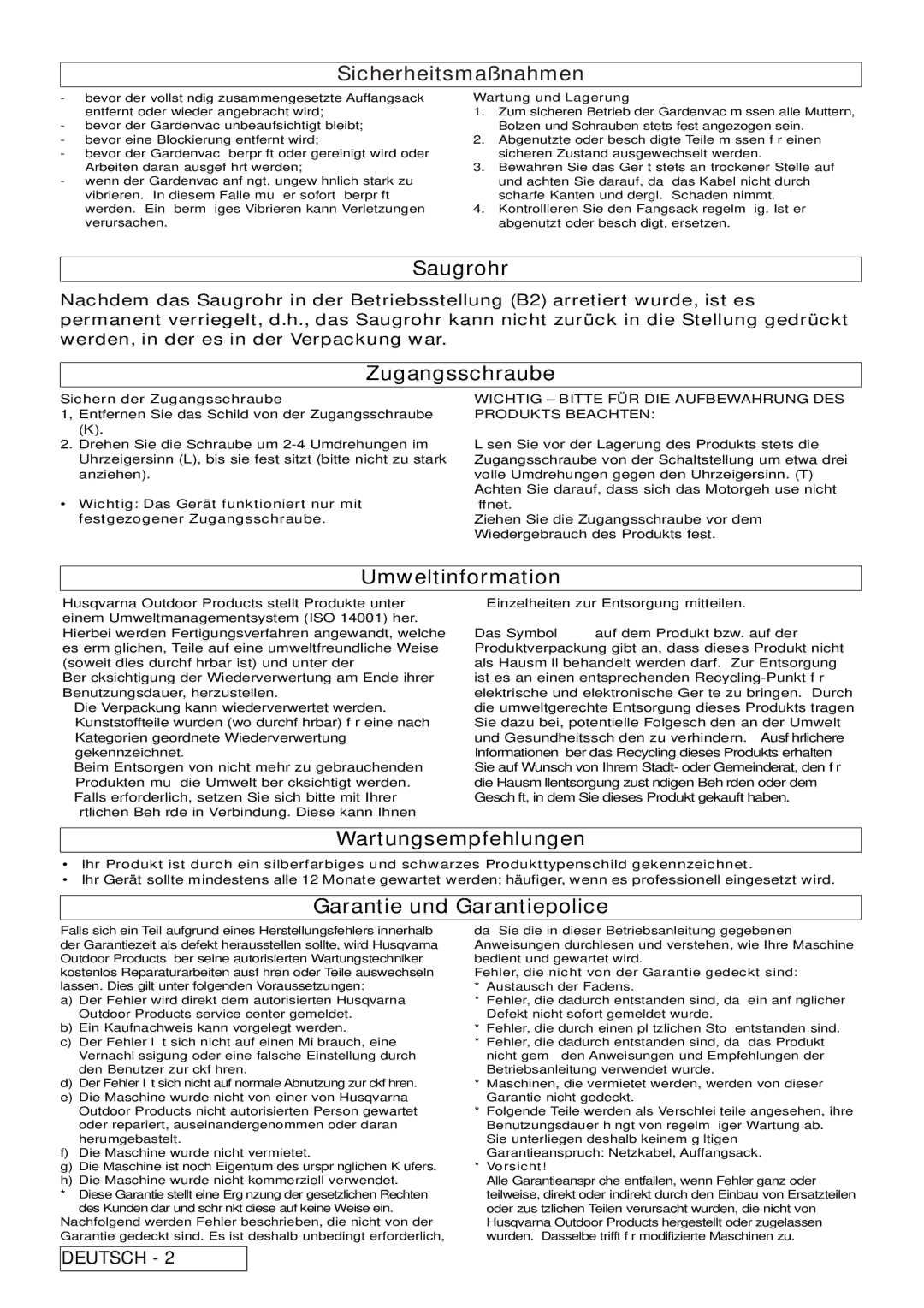 Flymo 2500, 2200 manual Saugrohr, Zugangsschraube, Umweltinformation, Wartungsempfehlungen, Garantie und Garantiepolice 