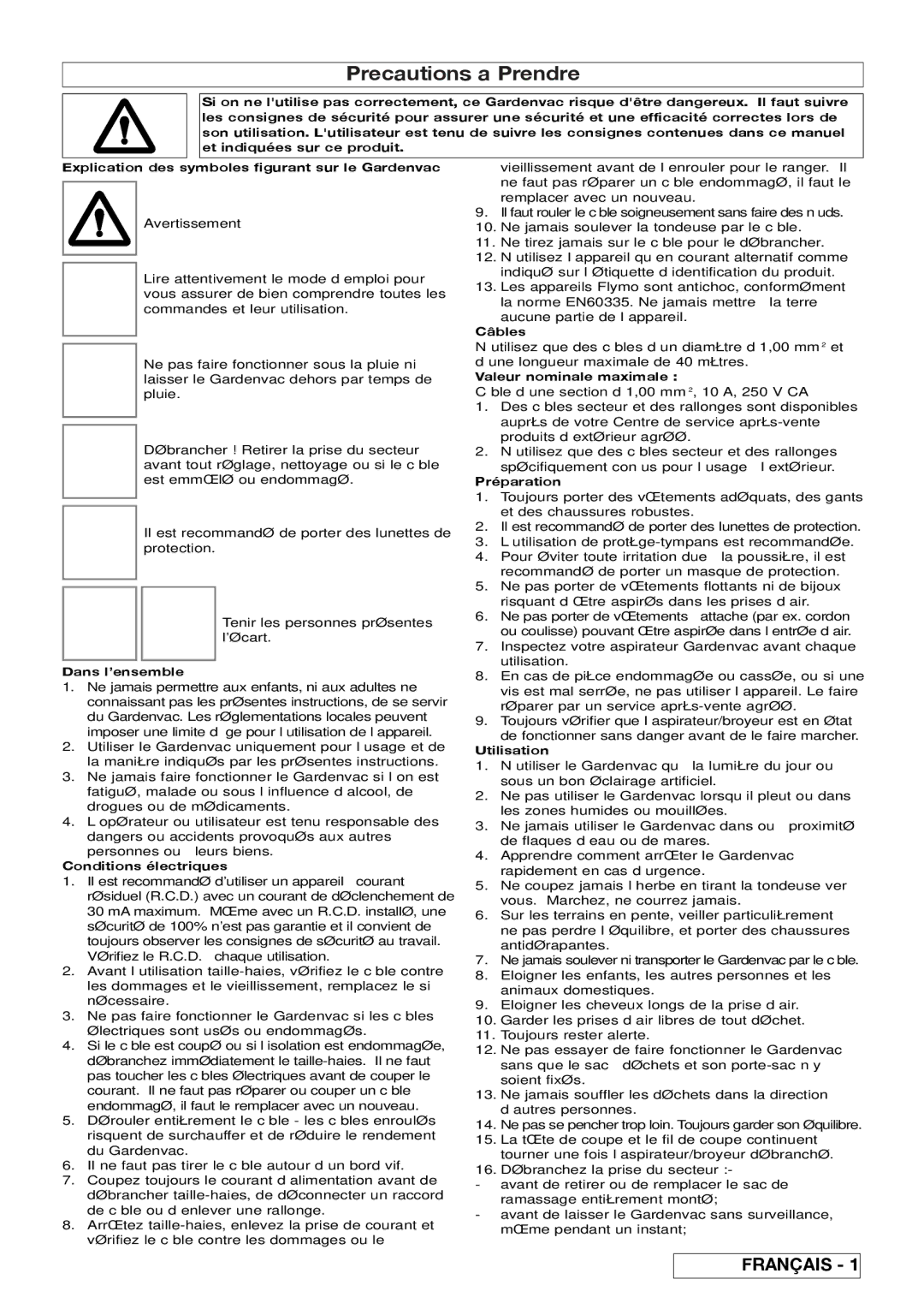 Flymo 2200, 2500 manual Precautions a Prendre 