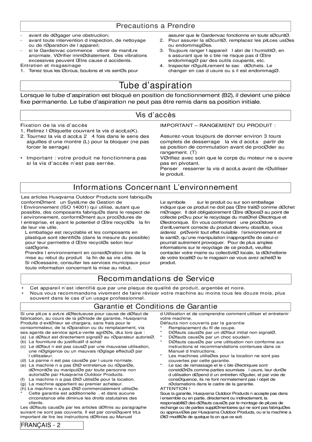 Flymo 2500, 2200 manual Informations Concernant L’environnement, Recommandations de Service, Vis d’accès 