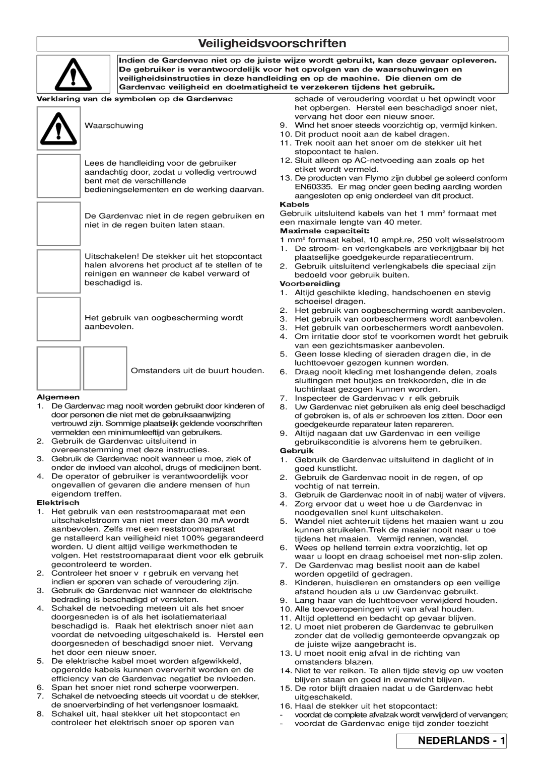 Flymo 2200, 2500 manual Veiligheidsvoorschriften 