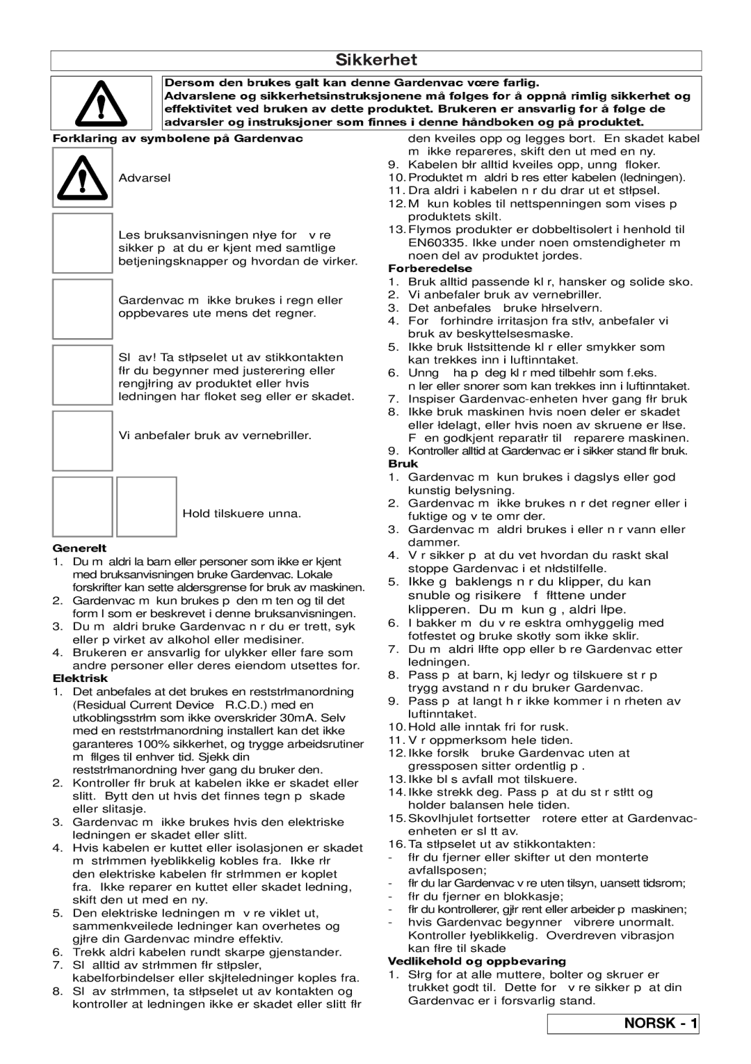 Flymo 2200, 2500 manual Sikkerhet 