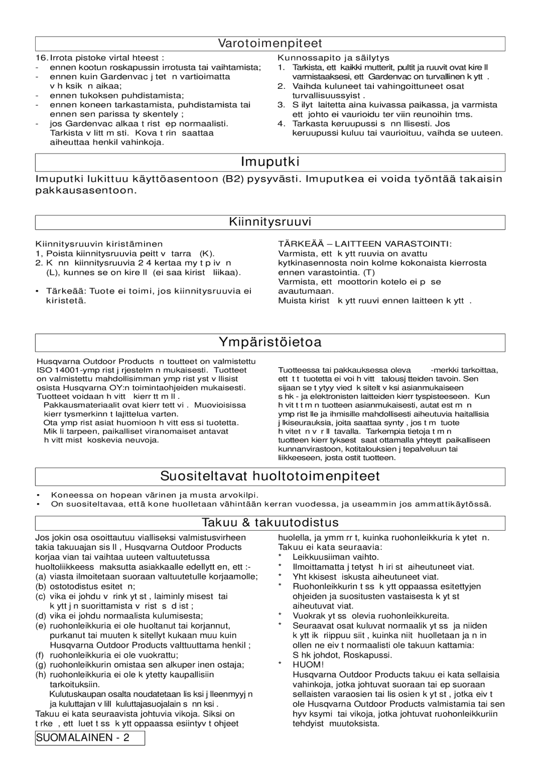 Flymo 2500, 2200 manual Imuputki, Ympäristöietoa, Suositeltavat huoltotoimenpiteet, Kiinnitysruuvi, Takuu & takuutodistus 