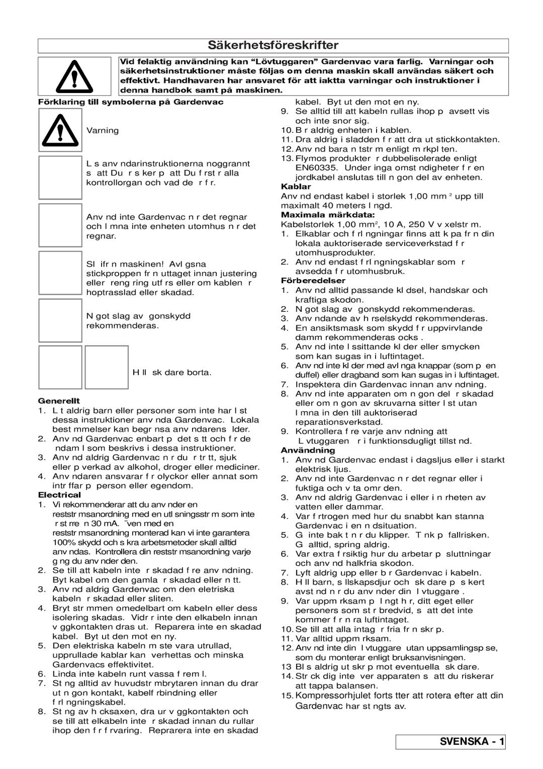 Flymo 2200, 2500 manual Säkerhetsföreskrifter 