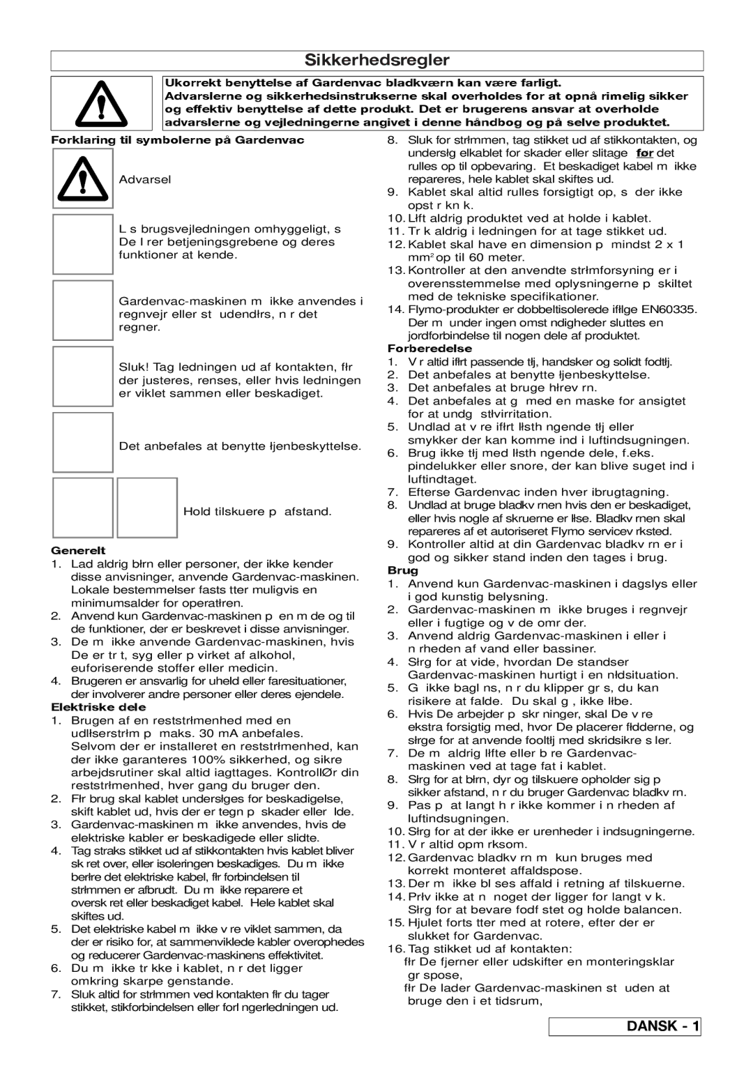 Flymo 2200, 2500 manual Sikkerhedsregler, Elektriske dele, Brug 