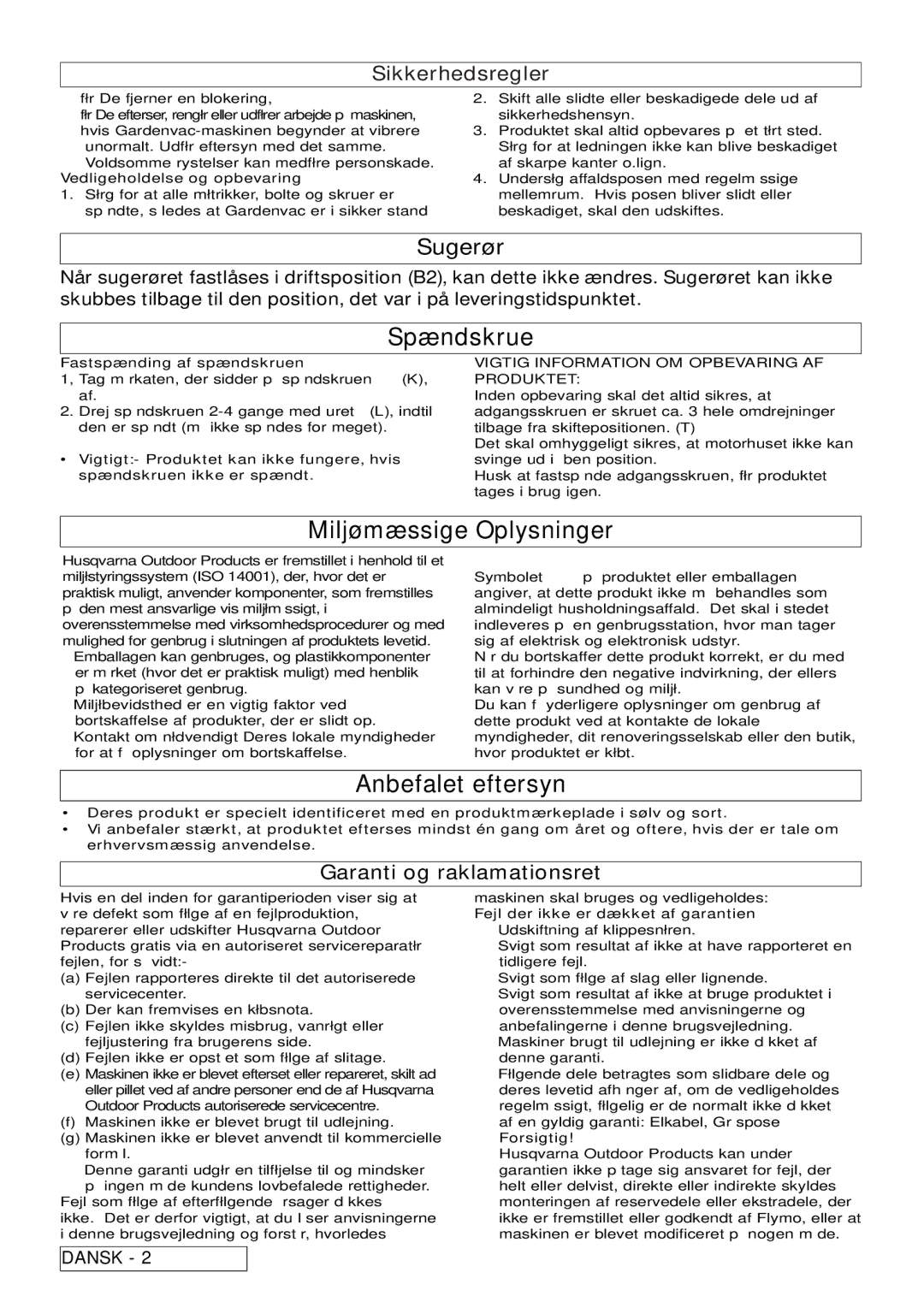 Flymo 2500, 2200 manual Spændskrue, Miljømæssige Oplysninger, Anbefalet eftersyn, Sugerør, Garanti og raklamationsret 