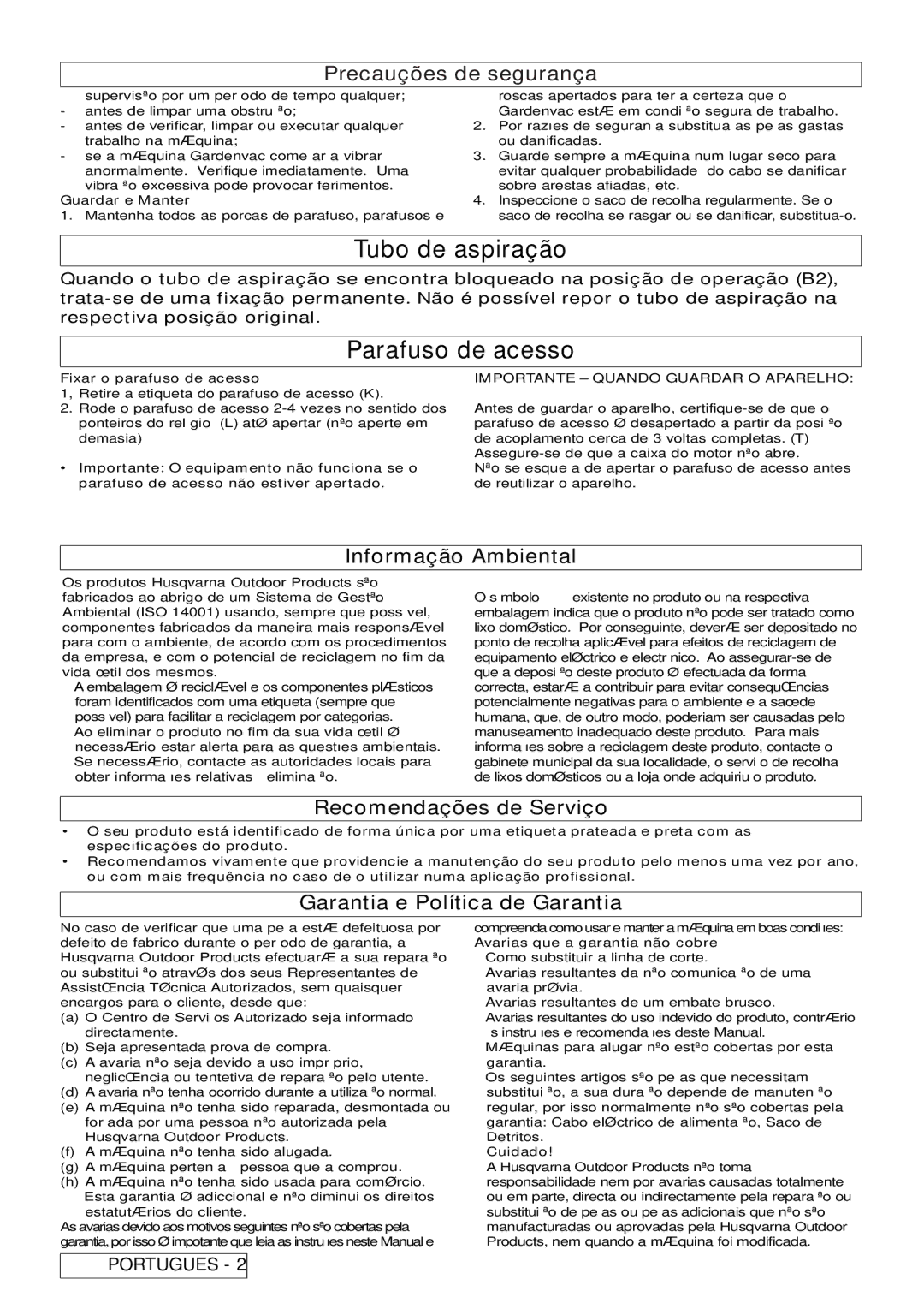 Flymo 2500, 2200 manual Tubo de aspiração, Parafuso de acesso, Informação Ambiental, Recomendações de Serviço 