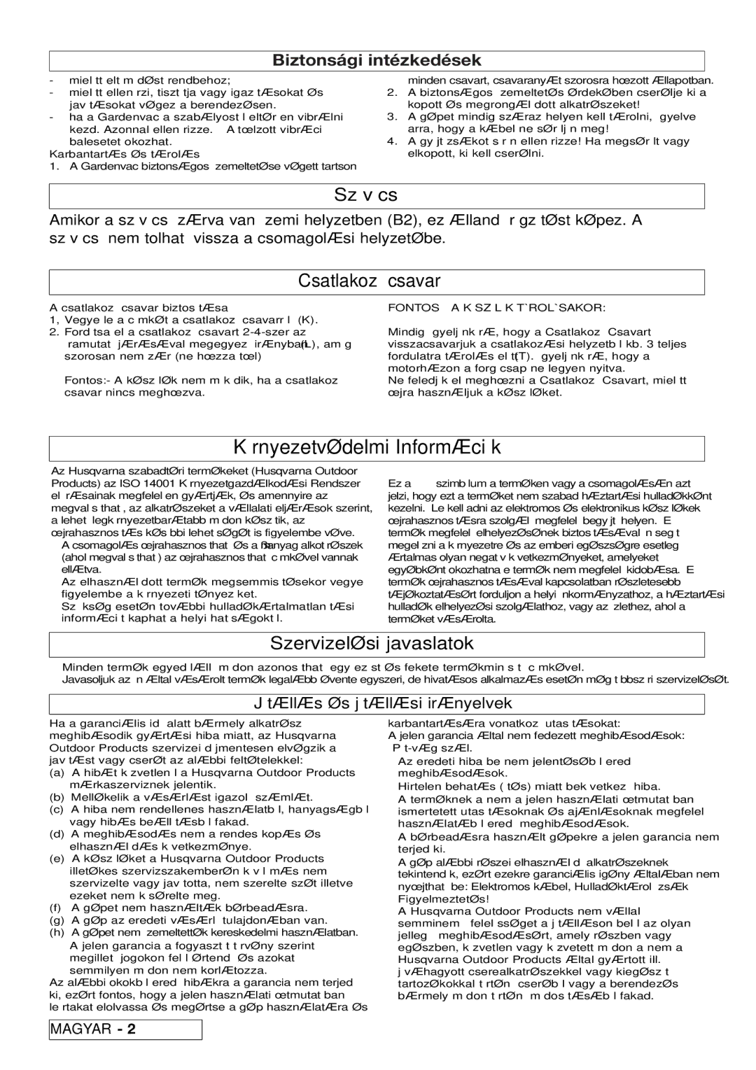 Flymo 2500, 2200 manual Környezetvédelmi Információk, Szívócső, Csatlakozó csavar, Szervizelési javaslatok 