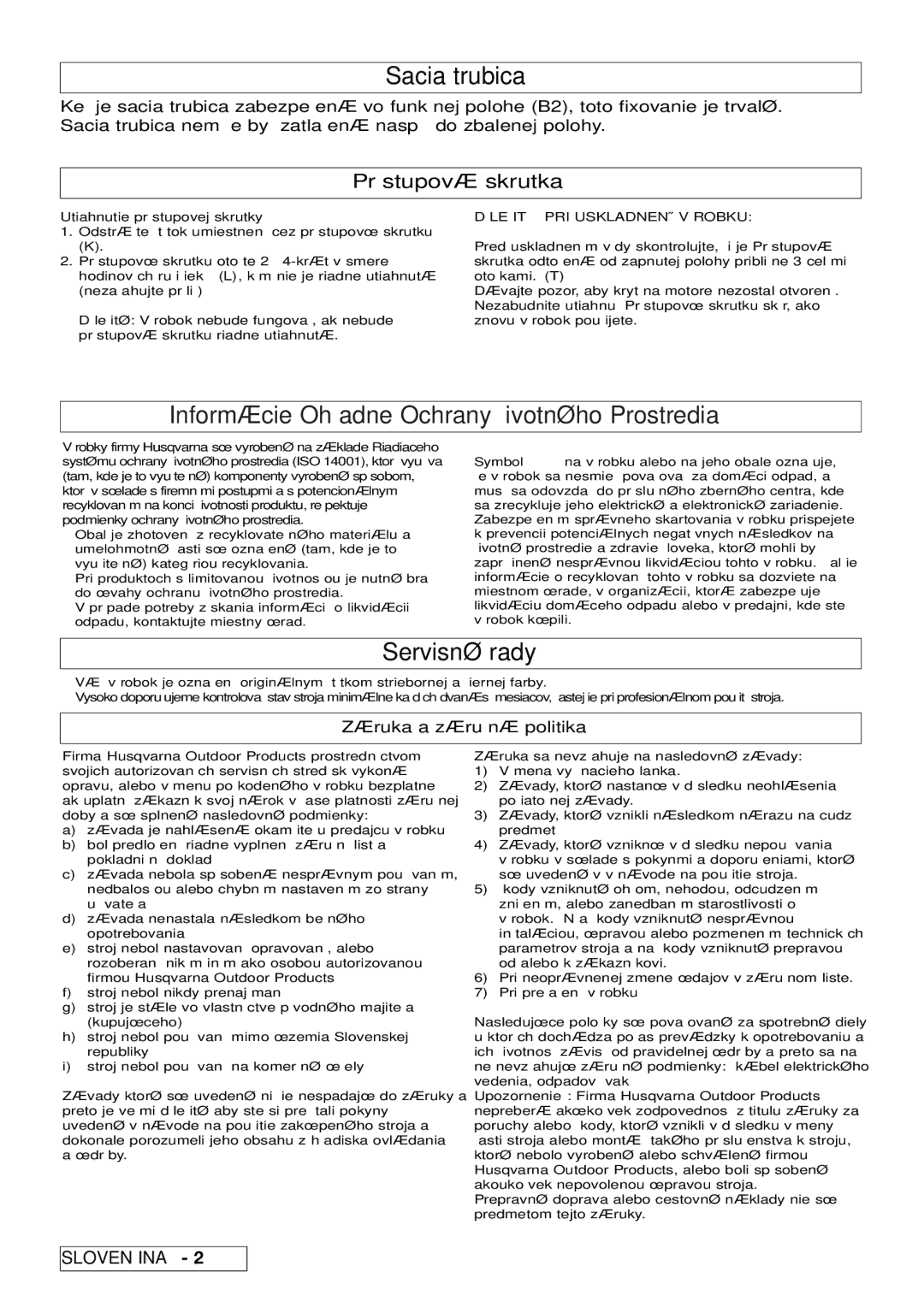 Flymo 2500, 2200 manual Sacia trubica, Servisné rady, Prístupová skrutka, Dôležité PRI Uskladnení Výrobku 