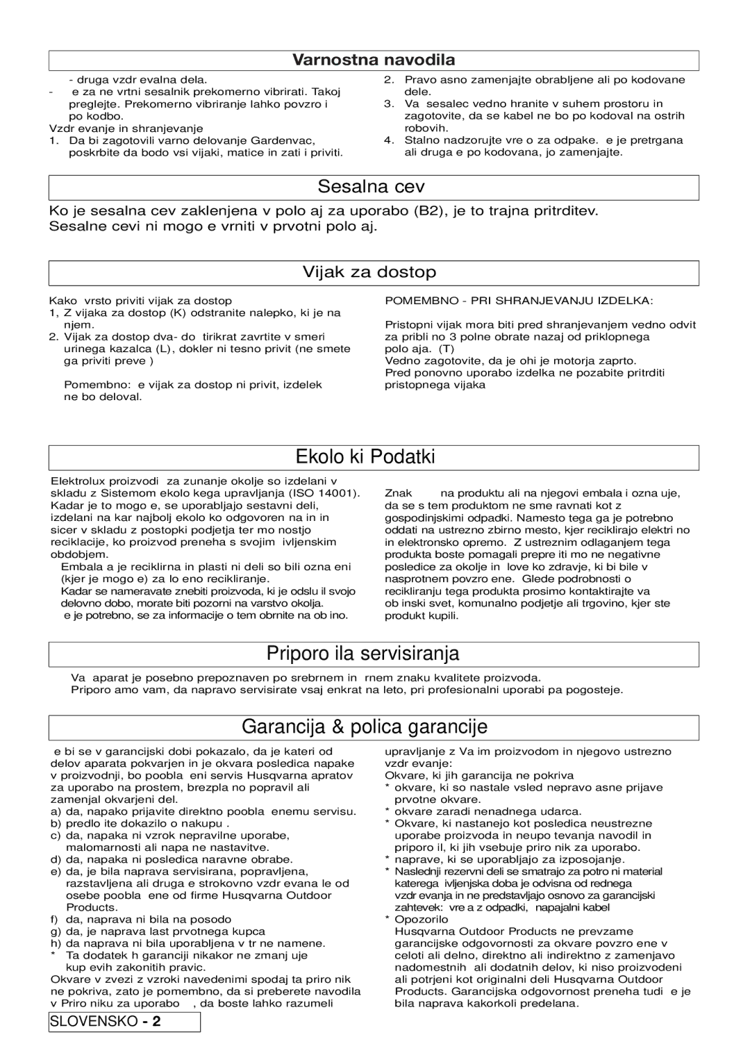 Flymo 2500, 2200 Ekološki Podatki, Priporočila servisiranja, Garancija & polica garancije, Sesalna cev, Vijak za dostop 