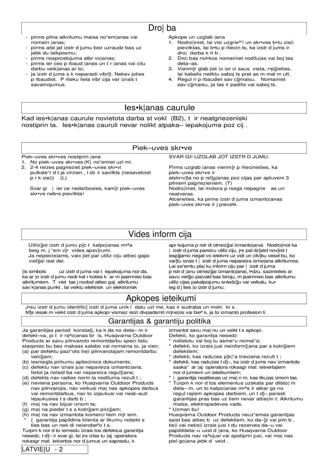 Flymo 2500, 2200 manual Vides informcija, Apkopes ieteikumi, Ies·kanas caurule, Garantijas & garantiju politika 