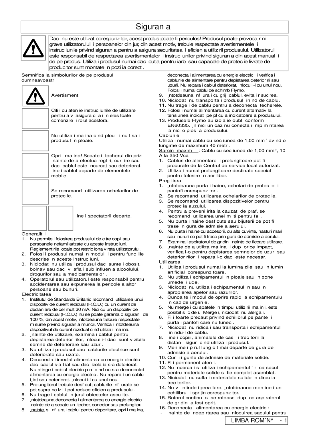 Flymo 2200, 2500 manual Siguranţa 