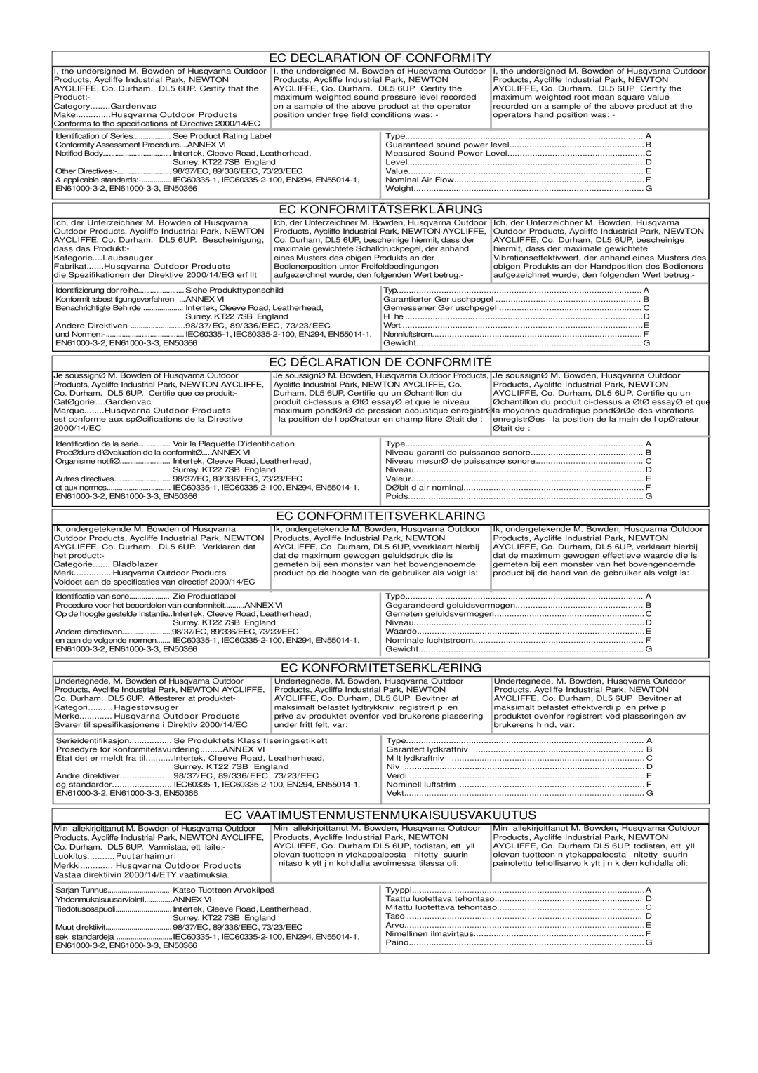 Flymo 2200 EC Declaration of Conformity, EC Konformitätserklärung, EC Déclaration DE Conformité, EC Konformitetserklæring 