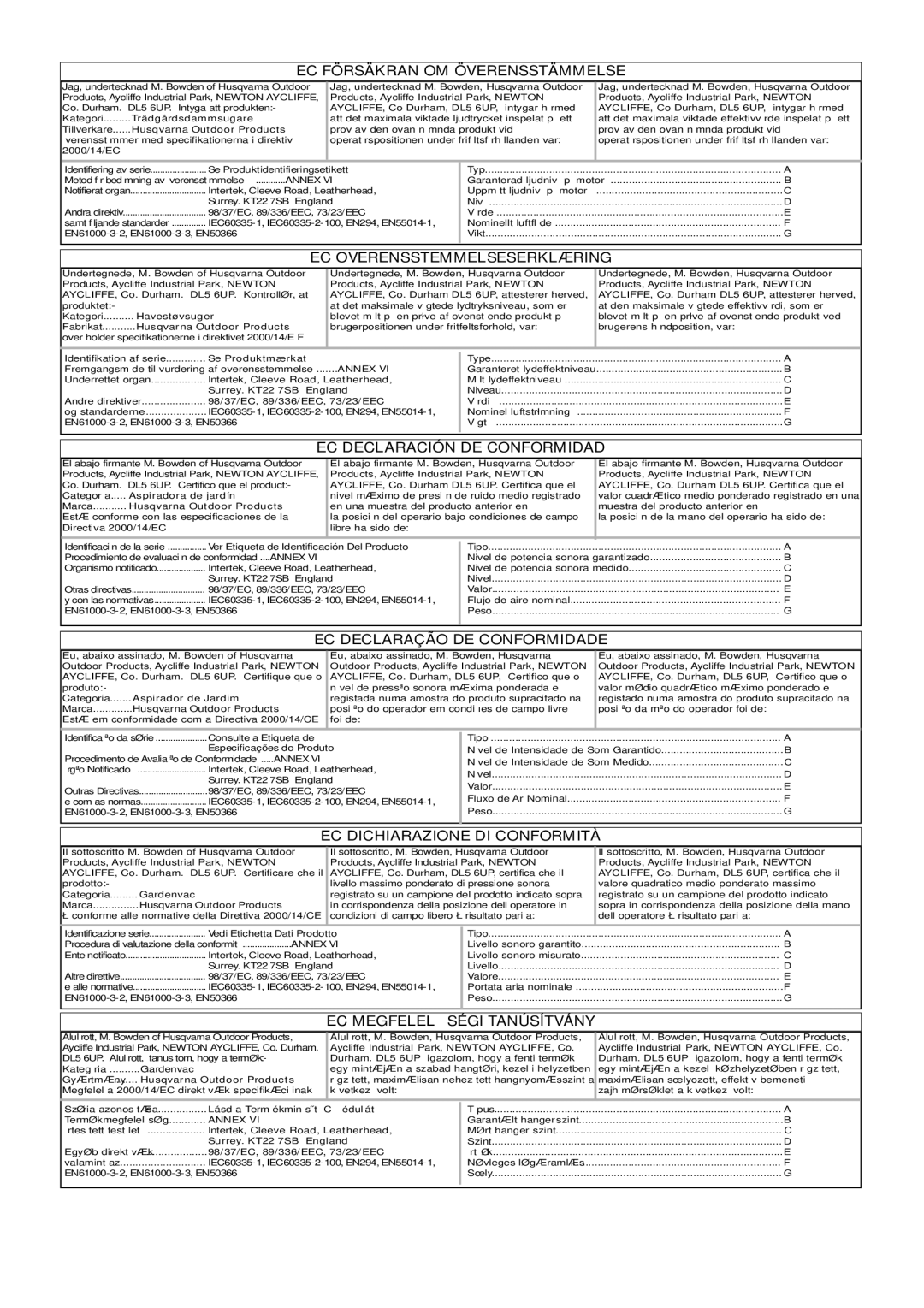 Flymo 2500, 2200 manual EC Försäkran OM Överensstämmelse, EC Overensstemmelseserklæring, EC Declaración DE Conformidad 