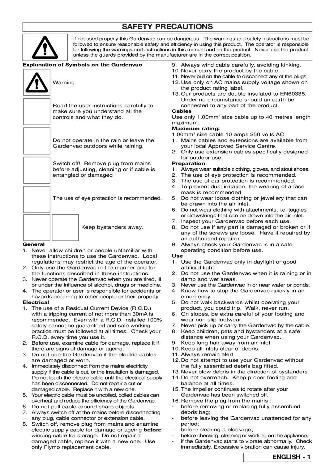 Flymo 2200, 2500 Explanation of Symbols on the Gardenvac, General, Electrical, Cables, Maximum rating, Preparation, Use 