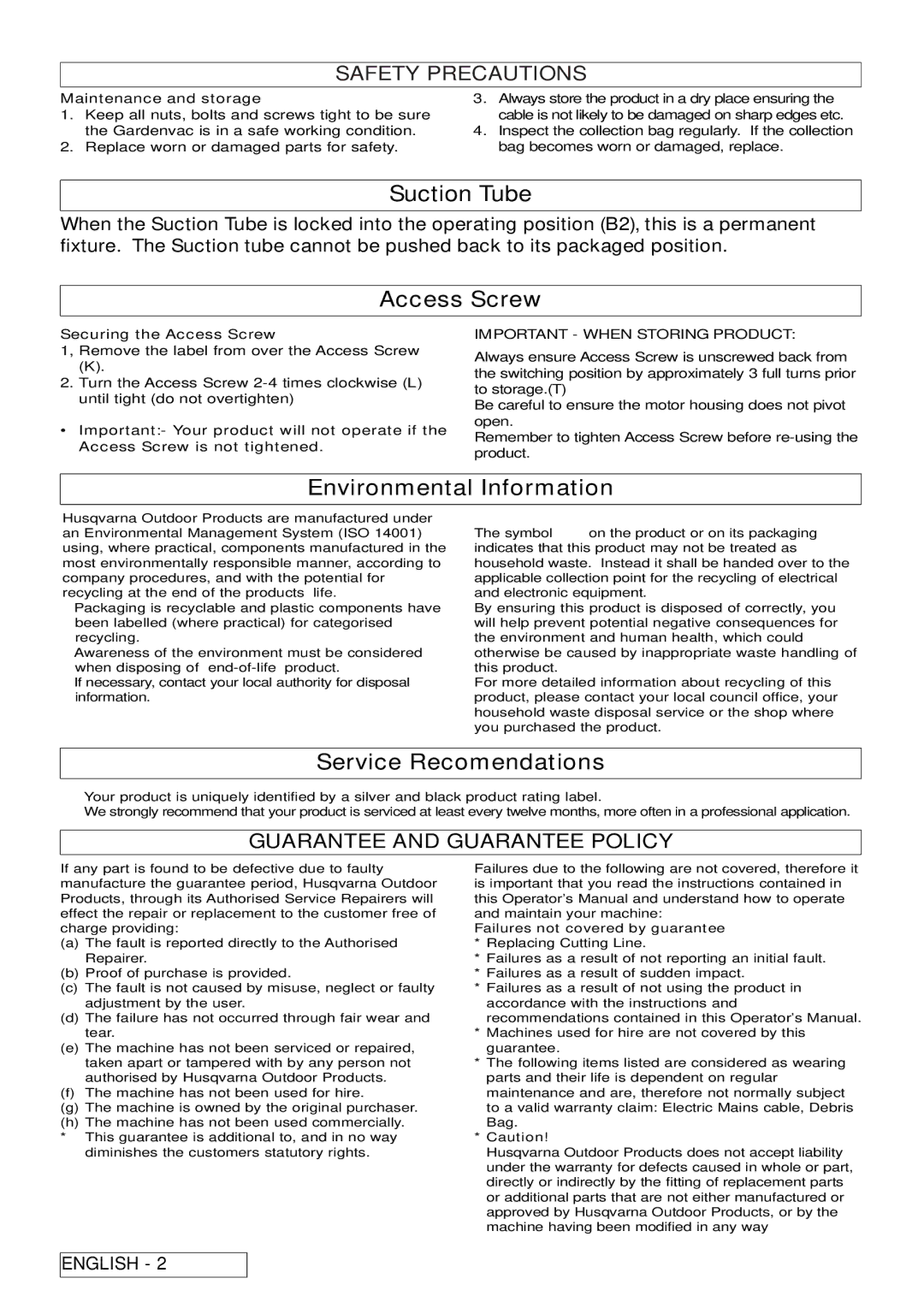 Flymo 2500 Suction Tube, Access Screw, Environmental Information, Service Recomendations, Important When Storing Product 