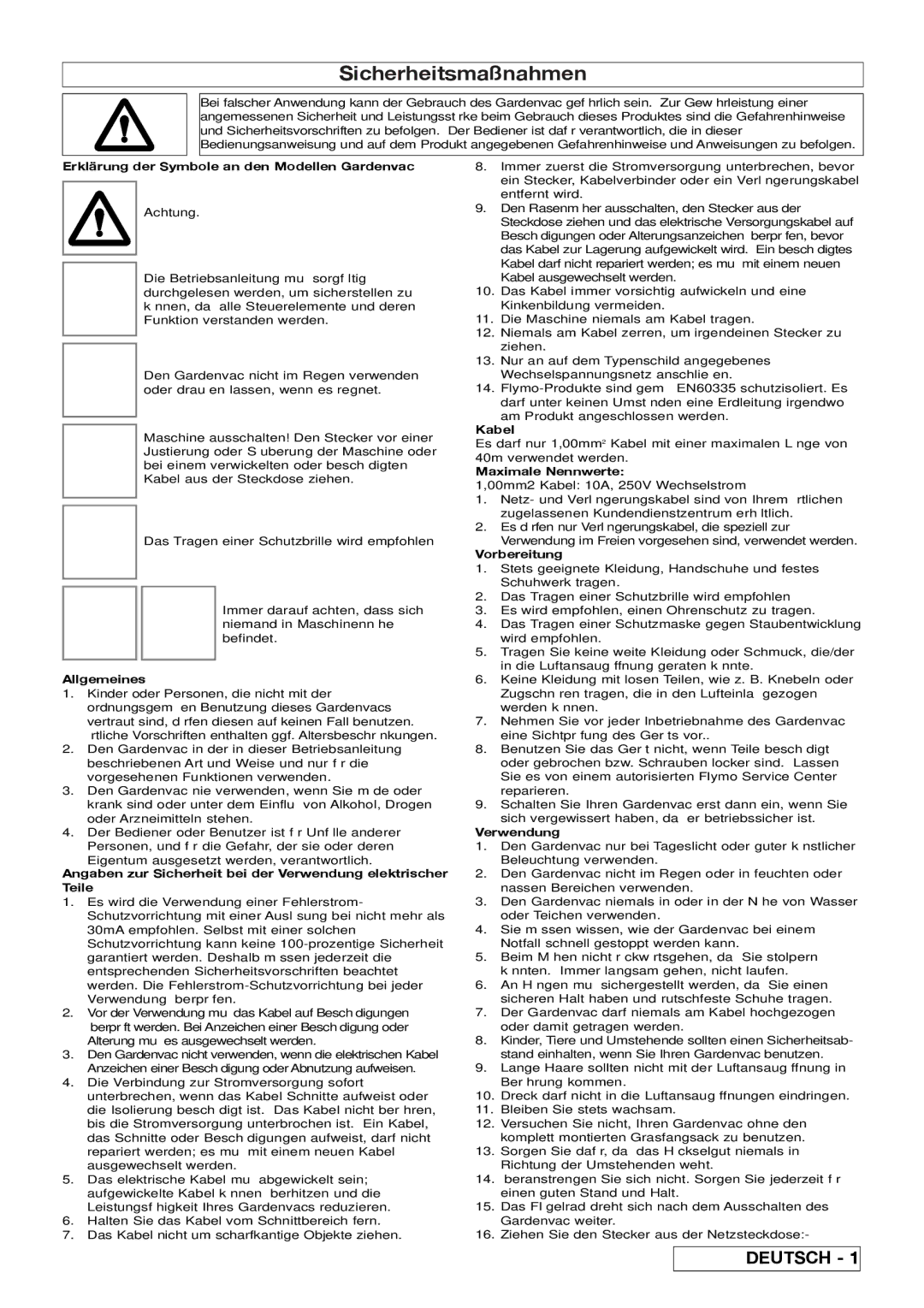 Flymo 2200, 2500 manual Sicherheitsmaßnahmen 