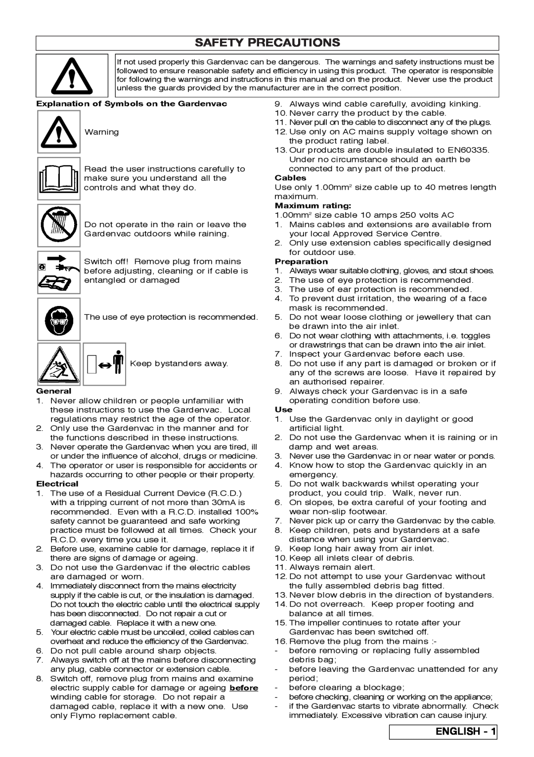 Flymo 2200 Safety Precautions, English, Explanation of Symbols on the Gardenvac, General, Electrical, Cables, Preparation 