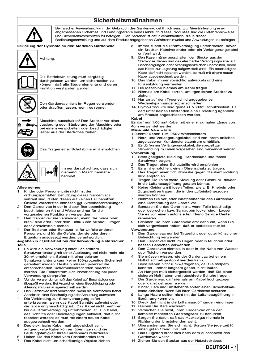 Flymo 2200 Sicherheitsmaßnahmen, Deutsch, Erklärung der Symbole an den Modellen Gardenvac, Allgemeines, Kabel, Verwendung 