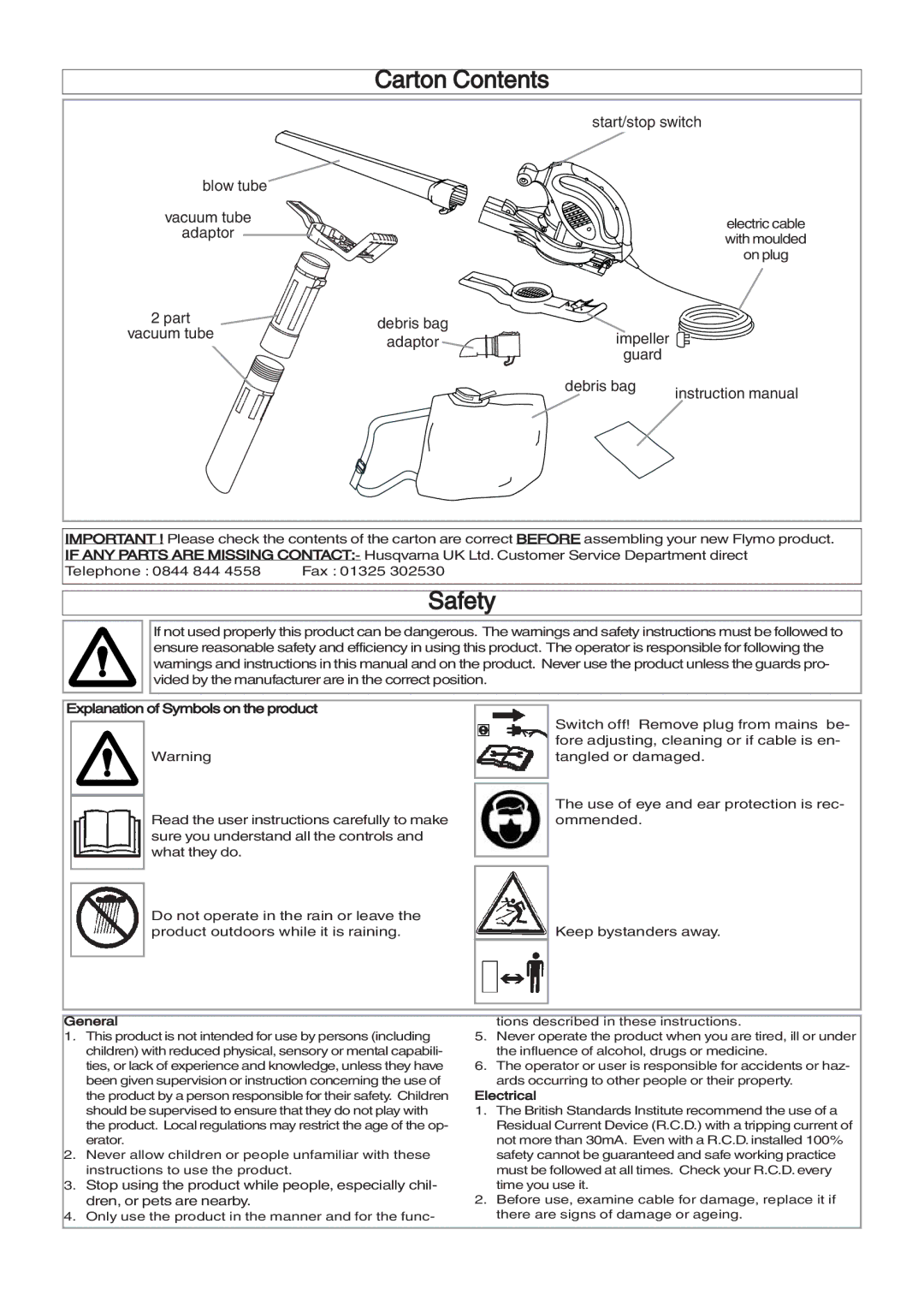 Flymo 2500 manual Safety, Carton Contents 