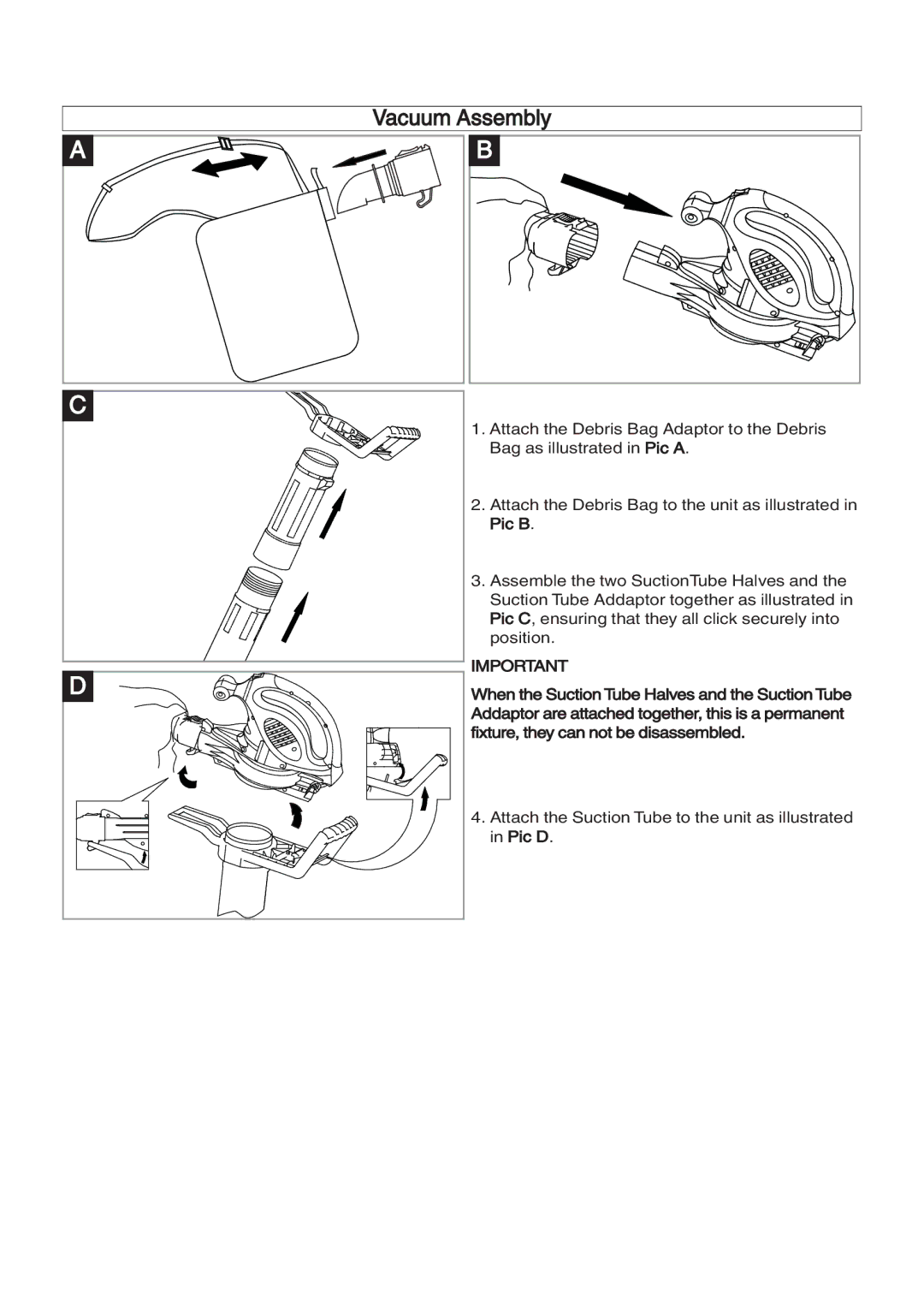 Flymo 2500 manual Vacuum Assembly, Attach the Debris Bag to the unit as illustrated in Pic B 