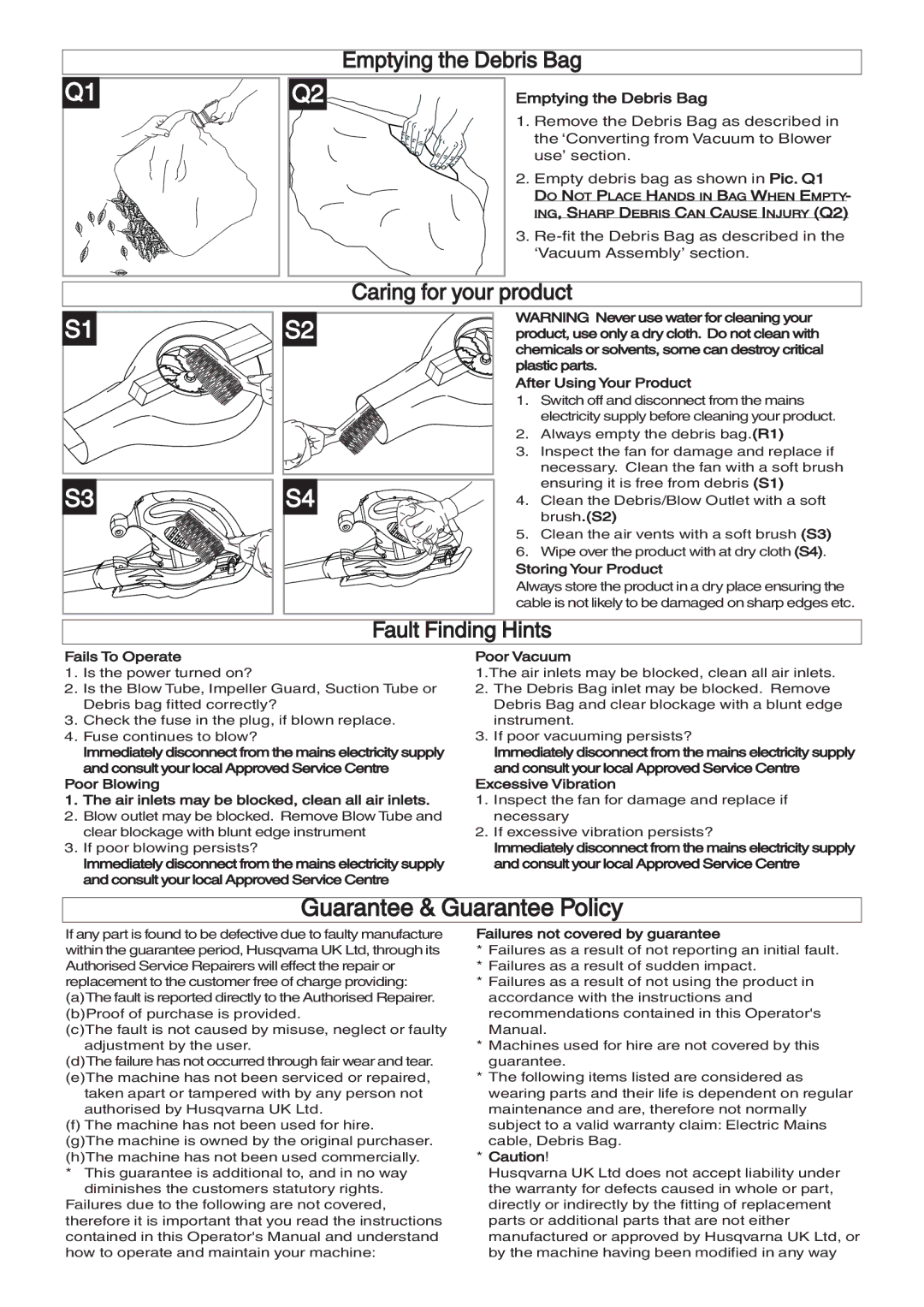 Flymo 2500 manual Guarantee & Guarantee Policy, Emptying the Debris Bag, Caring for your product, Fault Finding Hints 