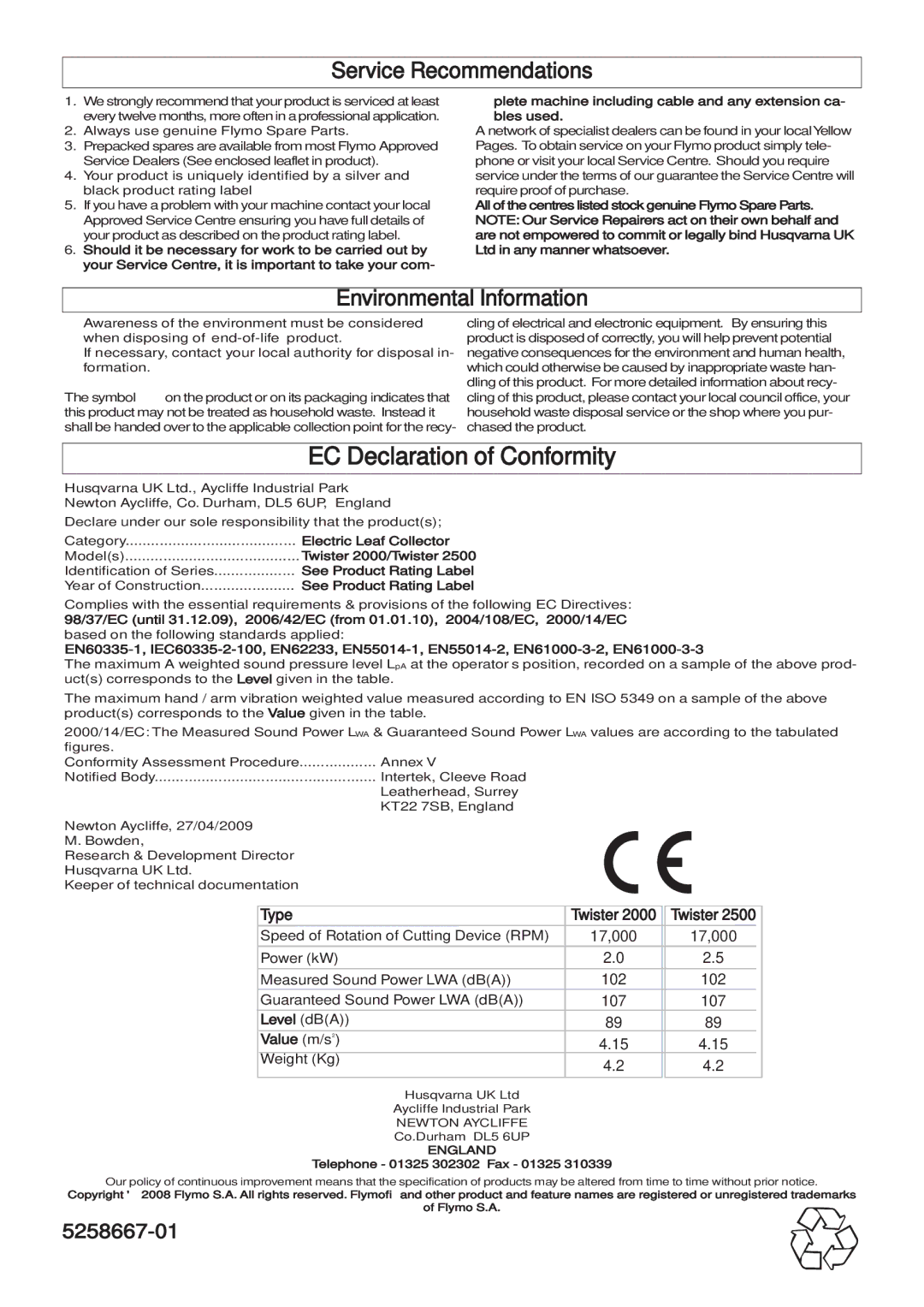 Flymo 2500 manual EC Declaration of Conformity, Service Recommendations, Environmental Information, Type Twister 