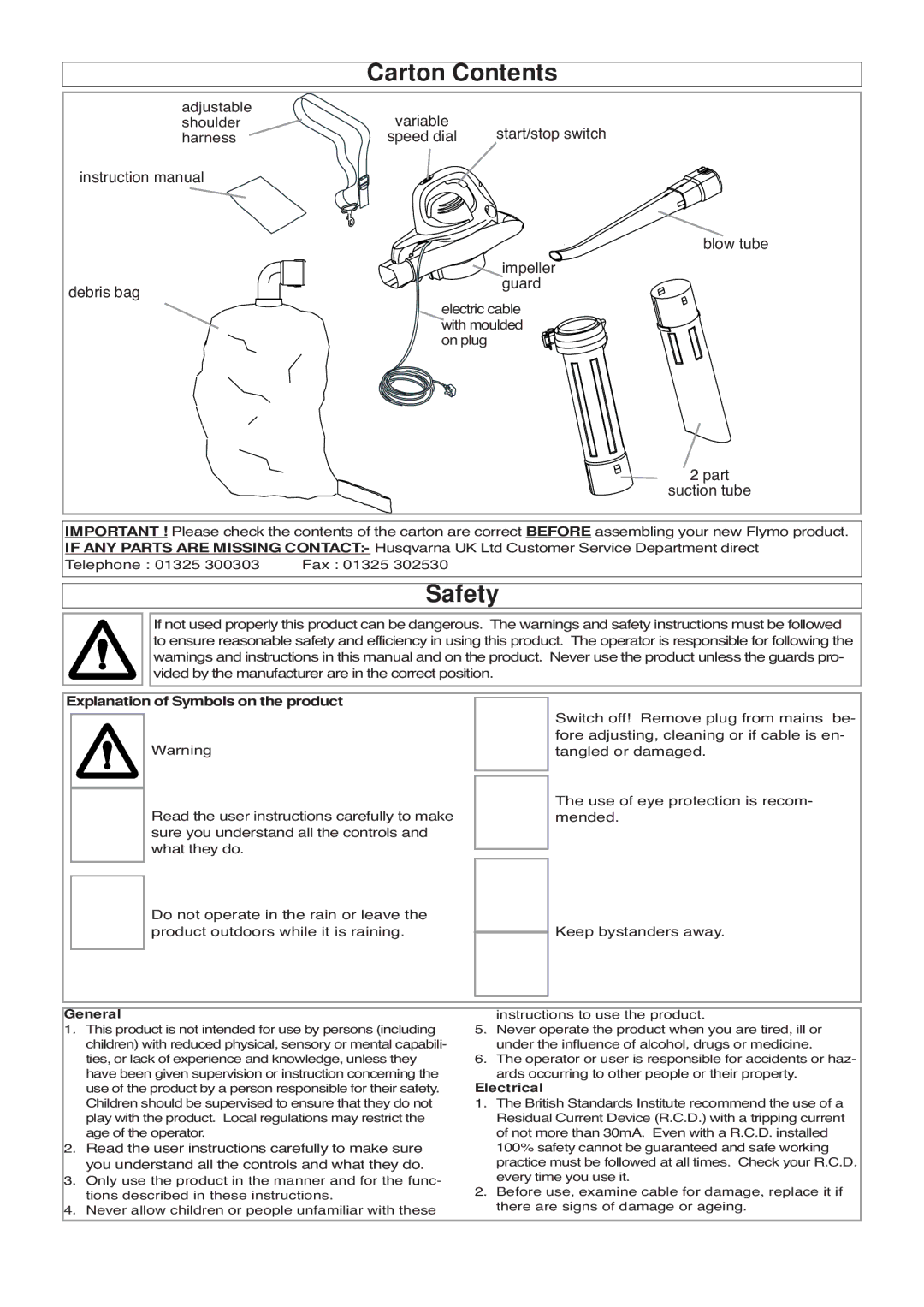 Flymo 2700XV manual Carton Contents, Safety 