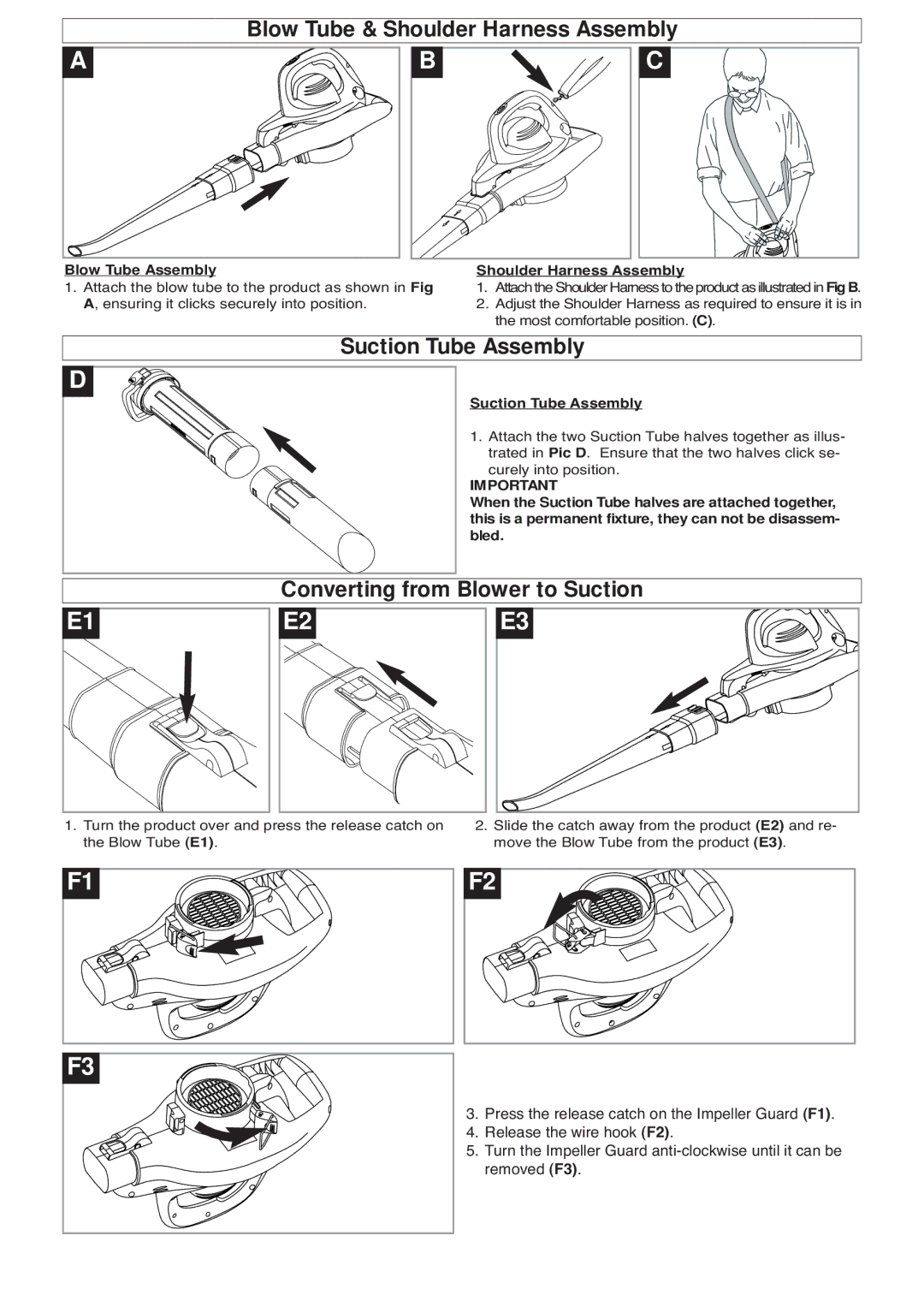 Flymo 2700XV manual Blow Tube & Shoulder Harness Assembly, Suction Tube Assembly, Converting from Blower to Suction 