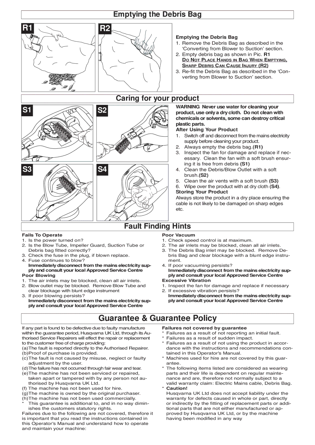 Flymo 2700XV manual Guarantee & Guarantee Policy, Emptying the Debris Bag, Caring for your product, Fault Finding Hints 