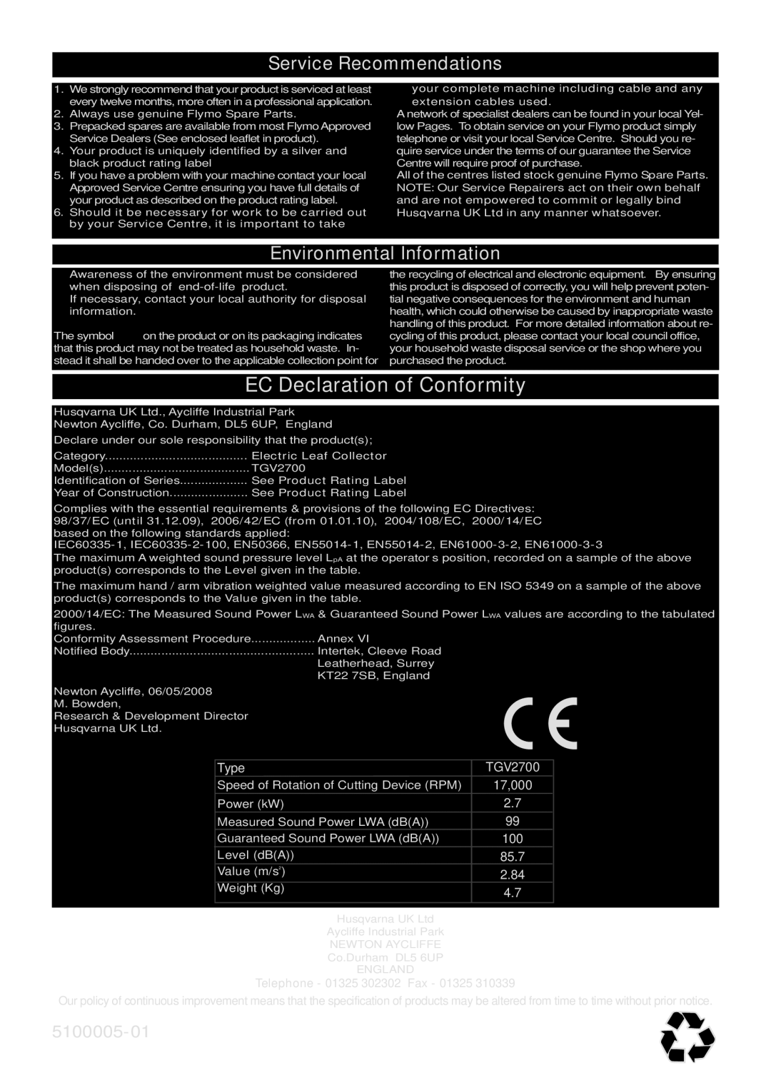 Flymo 2700XV manual EC Declaration of Conformity, Service Recommendations, Environmental Information, Value m/s 