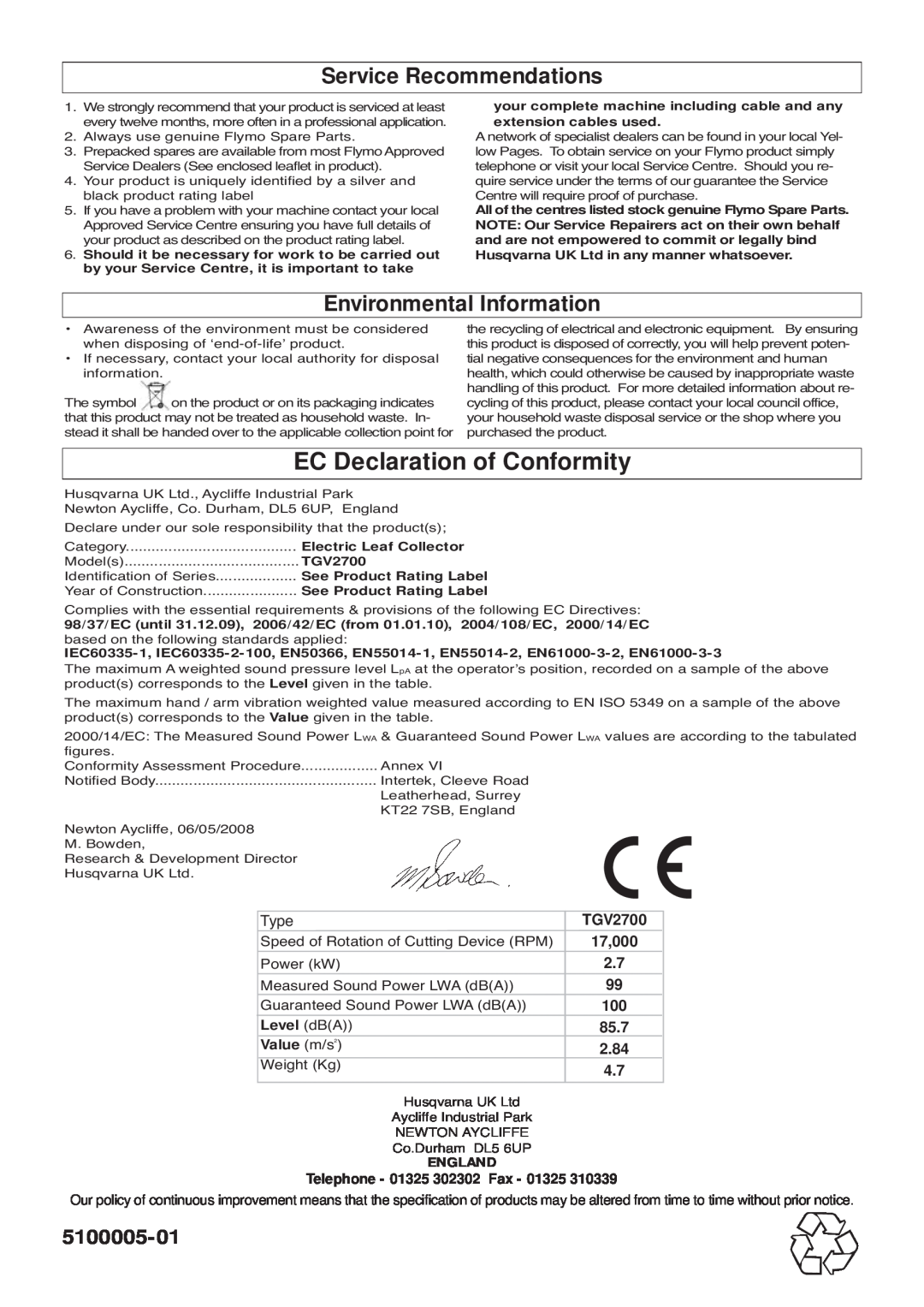 Flymo 2700XV EC Declaration of Conformity, Service Recommendations, Environmental Information, 5100005-01, Type, TGV2700 