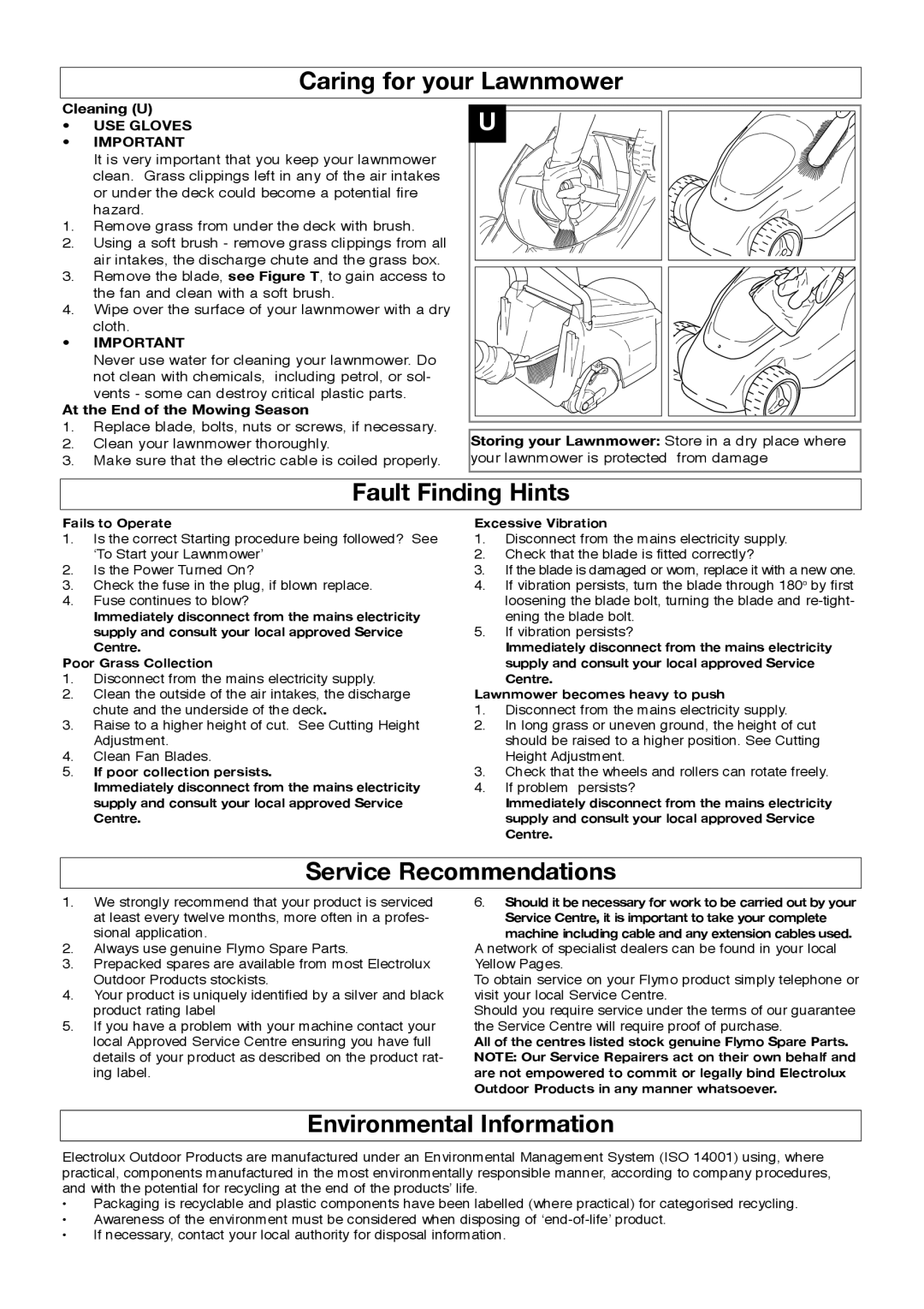 Flymo 320 Caring for your Lawnmower, Fault Finding Hints, Service Recommendations, Environmental Information, USE Gloves 