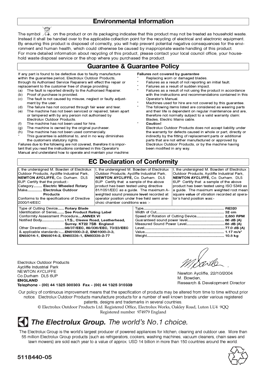 Flymo 320 manual England, Telephone 00 44 1325 300303 Fax 00 44 1325 