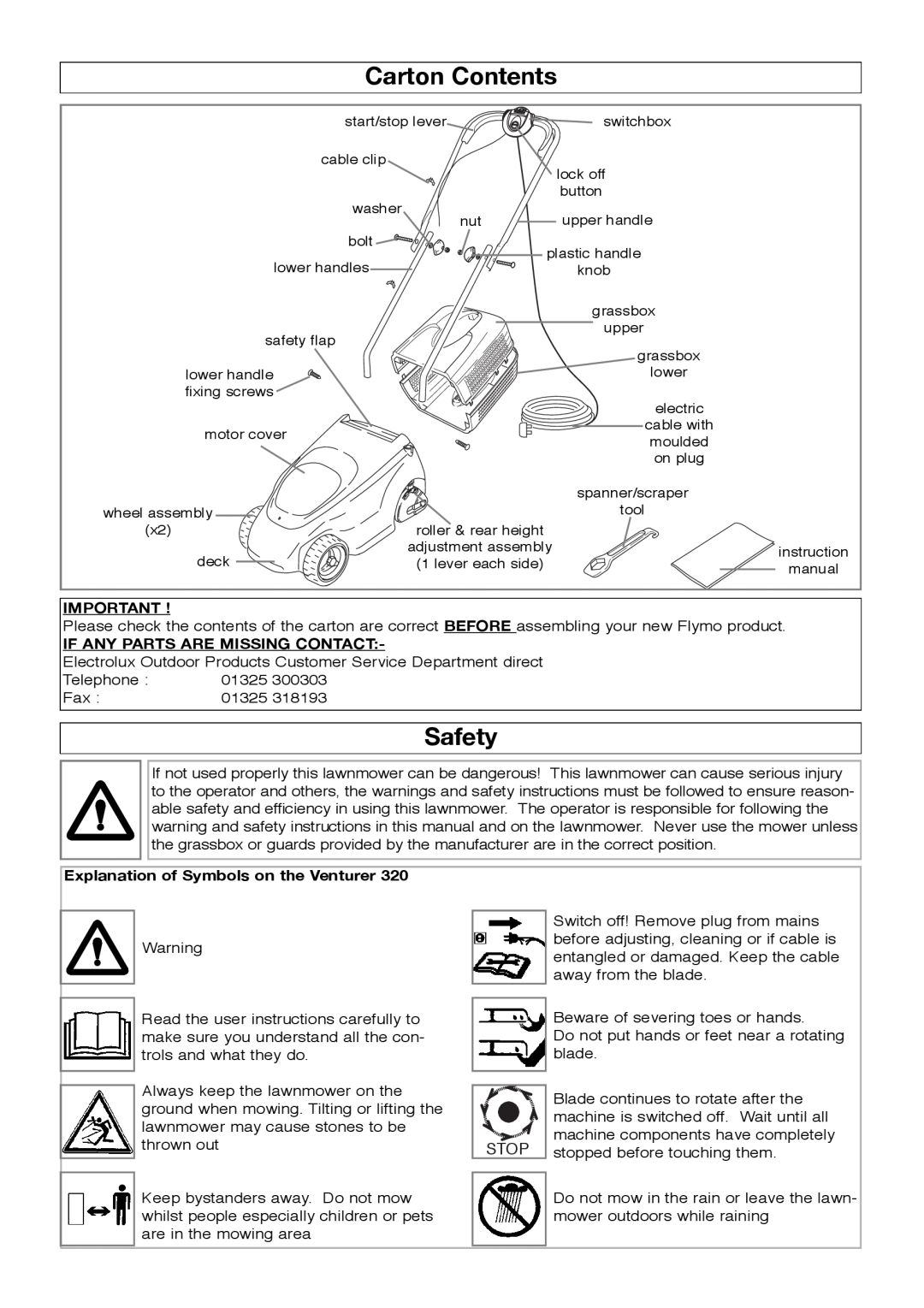 Flymo 320 manual Carton Contents, Safety, Stop 