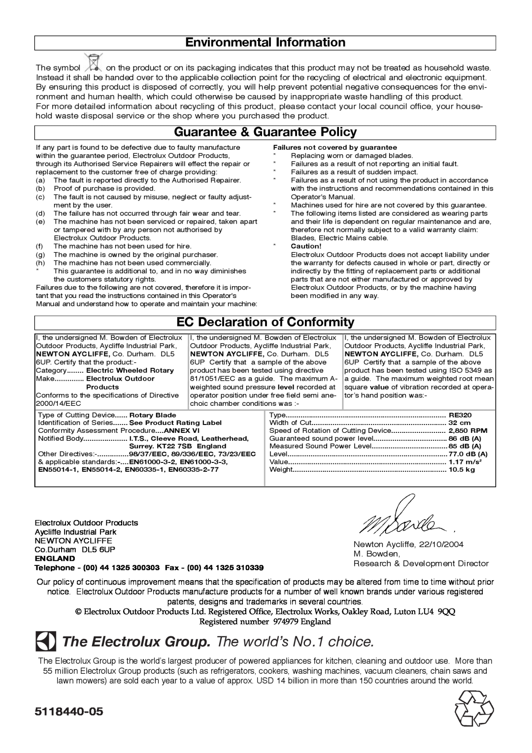 Flymo 320 manual Environmental Information, Guarantee & Guarantee Policy, EC Declaration of Conformity, 5118440-05 