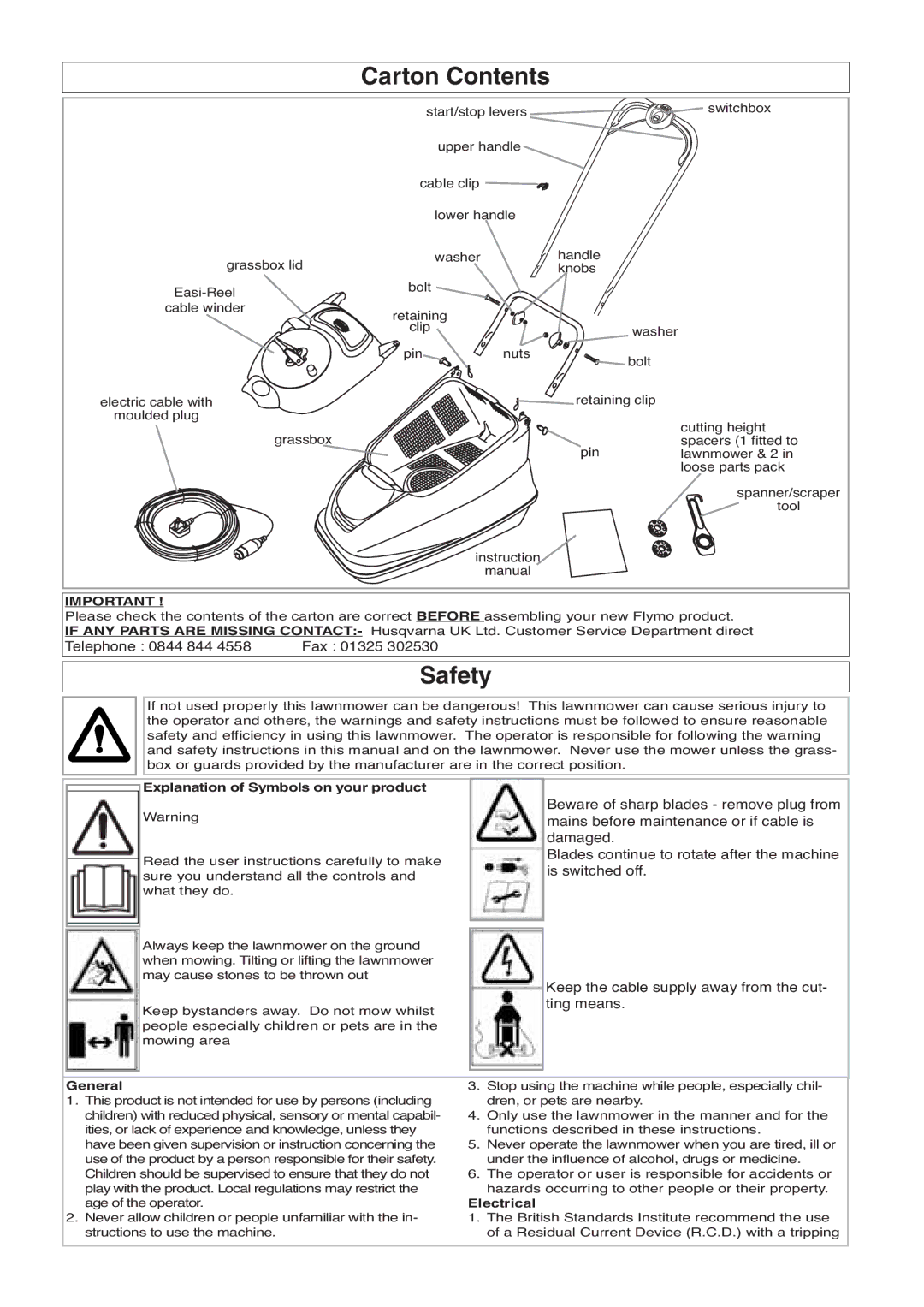 Flymo 330, 350 manual Carton Contents, Safety 