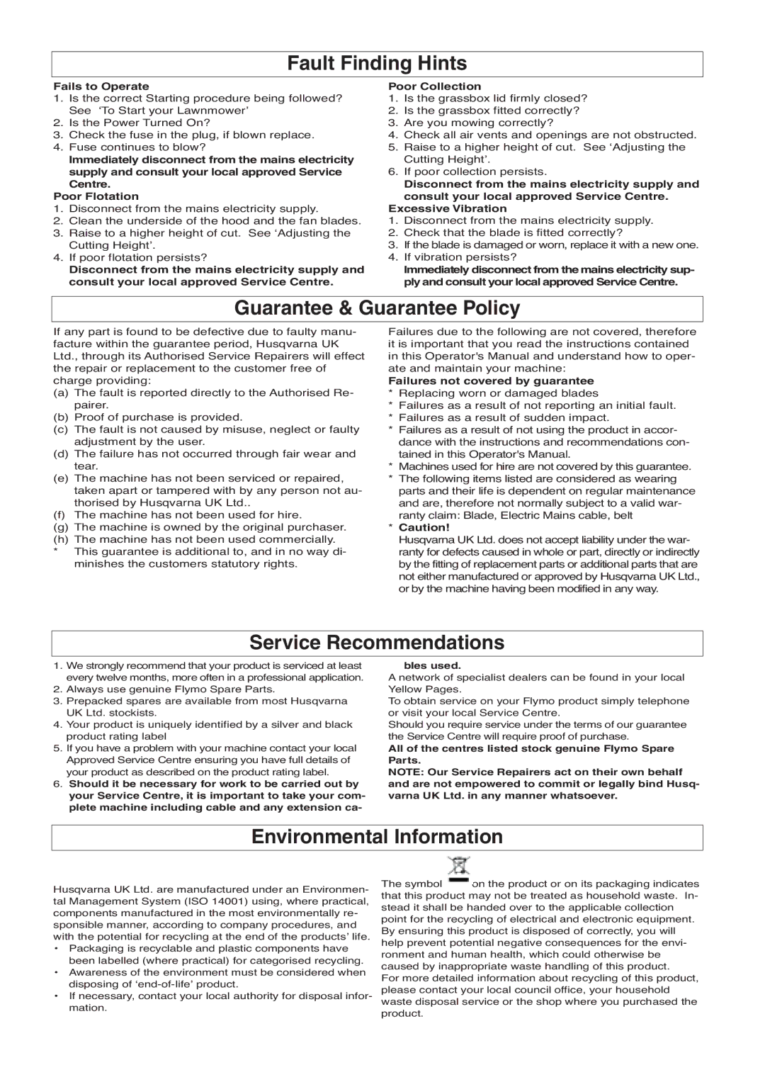 Flymo 330, 350 manual Fault Finding Hints, Guarantee & Guarantee Policy, Service Recommendations, Environmental Information 