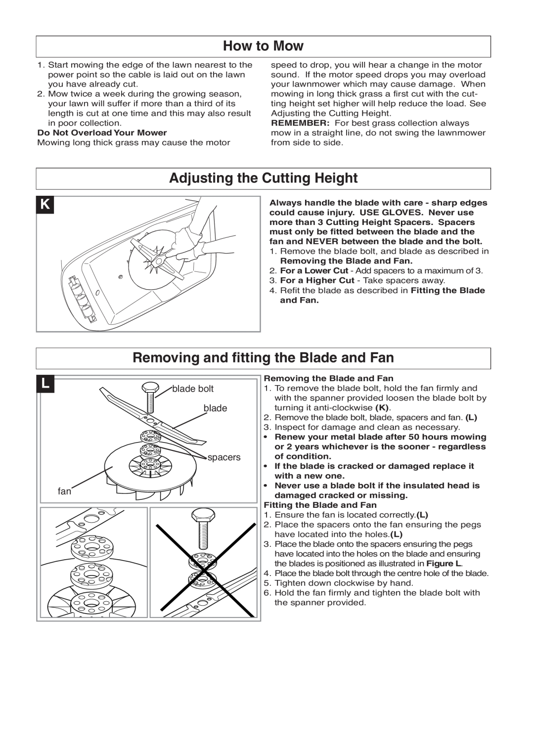Flymo 350 How to Mow, Adjusting the Cutting Height, Removing and fitting the Blade and Fan, Do Not Overload Your Mower 