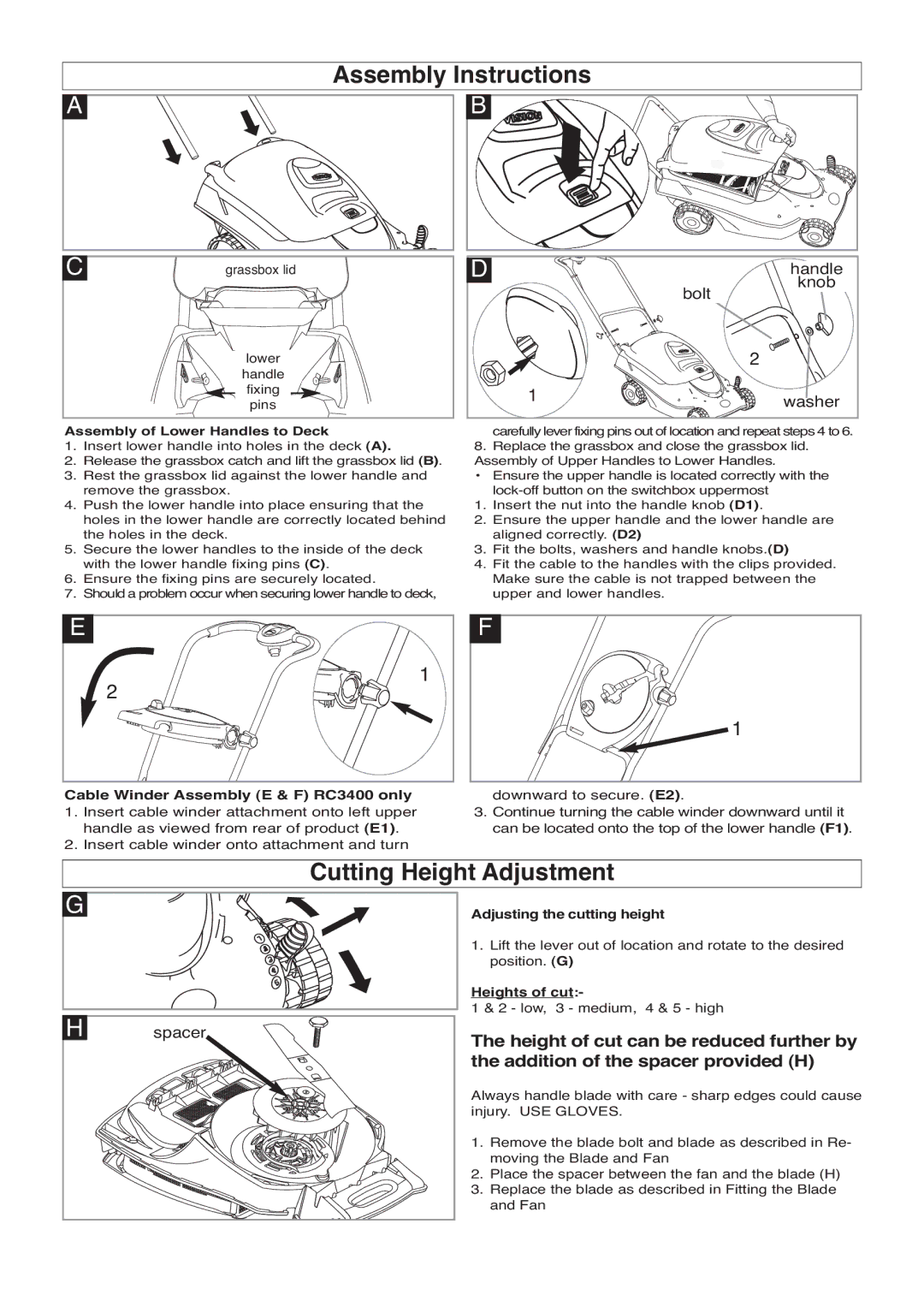 Flymo manual Assembly Instructions, Cutting Height Adjustment, Cable Winder Assembly E & F RC3400 only, Heights of cut 