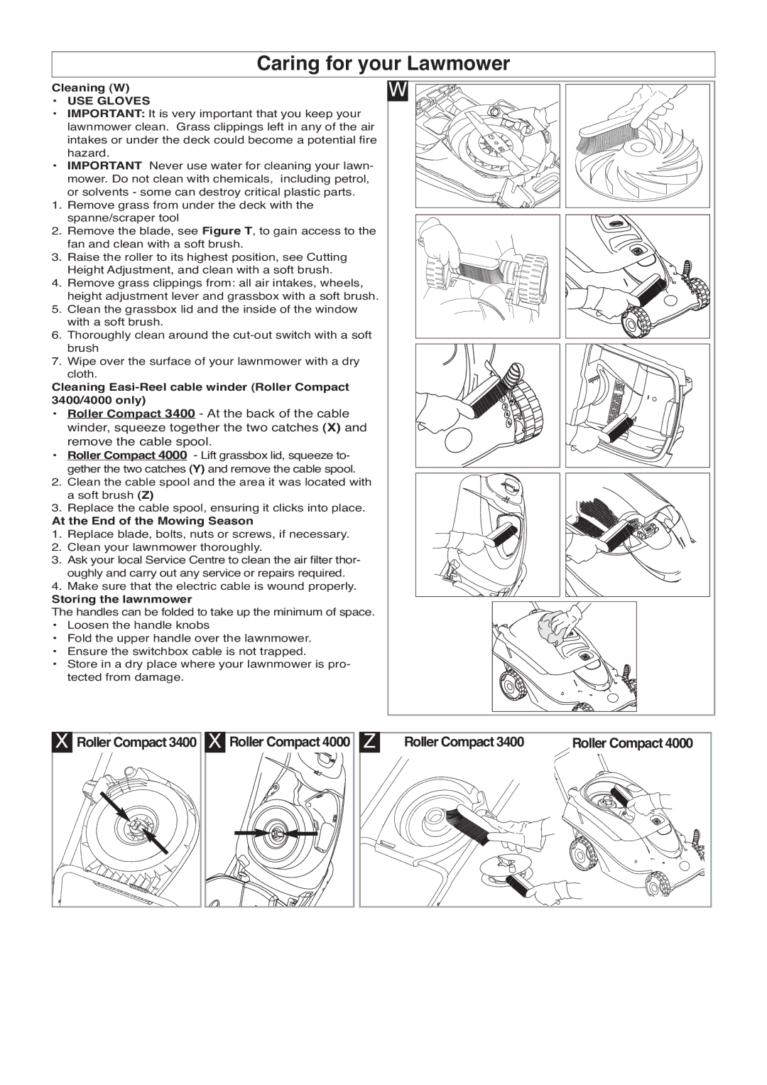 Flymo 340 Caring for your Lawmower, Cleaning W, At the End of the Mowing Season, Storing the lawnmower, Roller Compact 