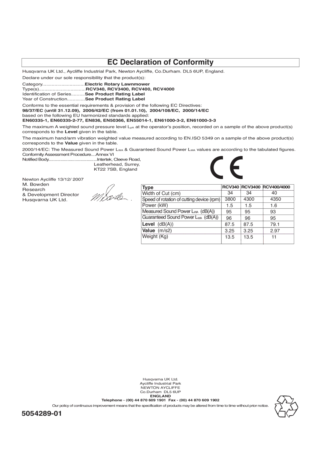 Flymo manual EC Declaration of Conformity, Electric Rotary Lawnmower, RCV340, RCV3400, RCV400, RCV4000 