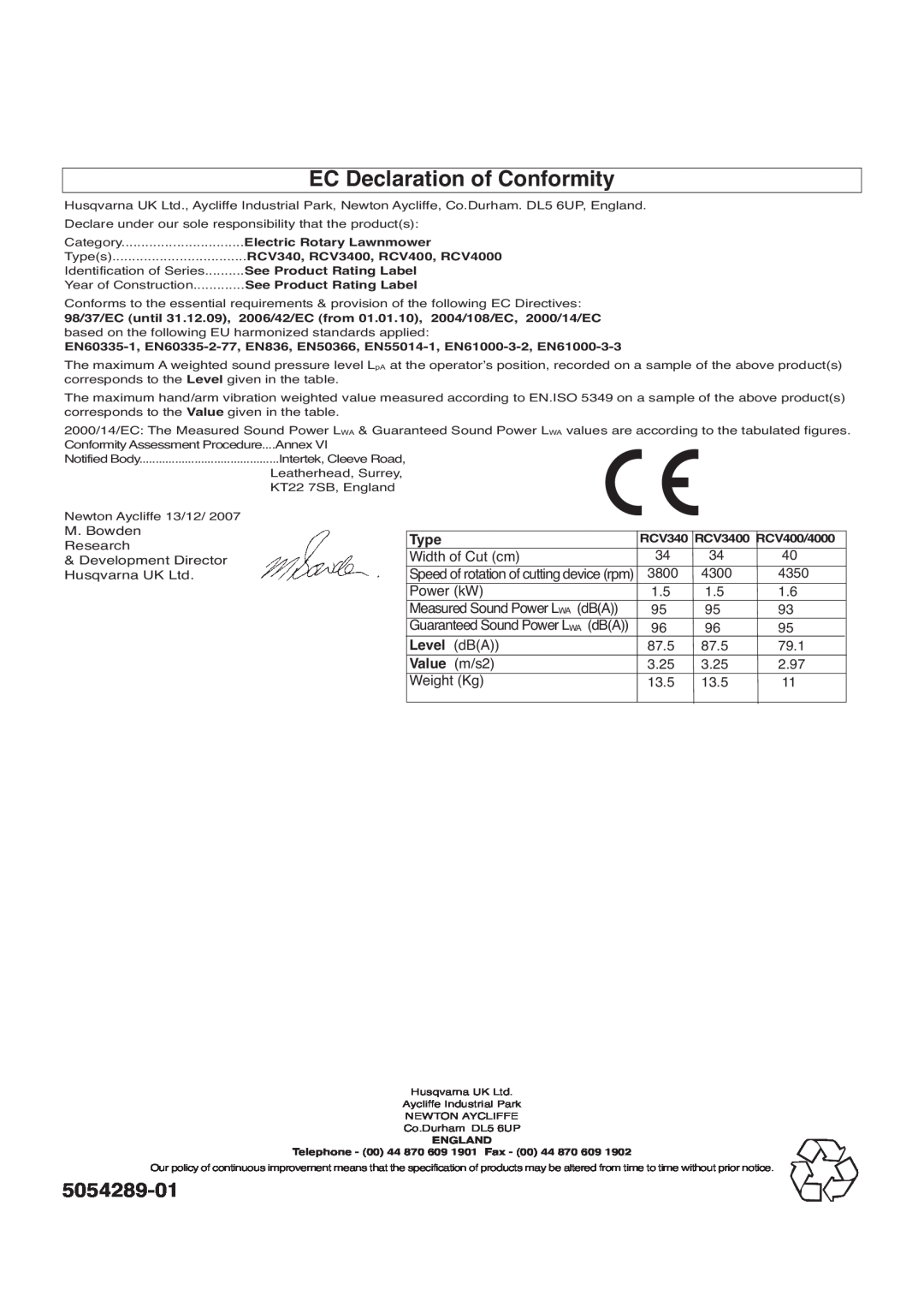 Flymo 3400 manual EC Declaration of Conformity, Type, Width of Cut cm, Power kW, Level dBA, Value m/s2, Weight Kg 
