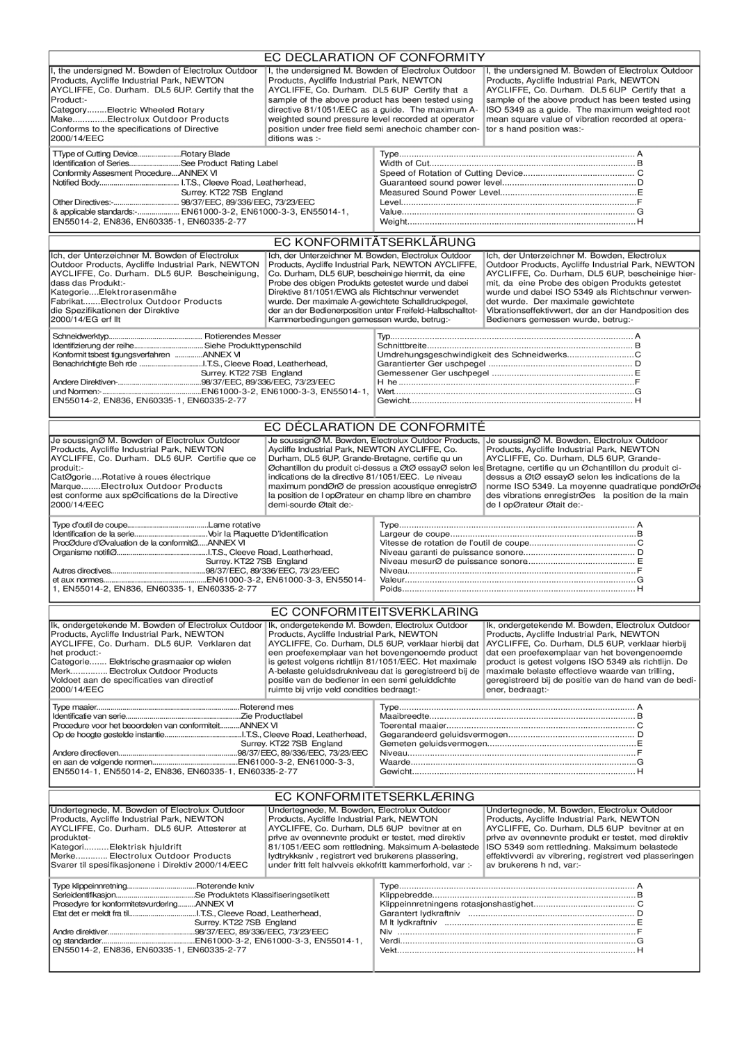 Flymo 340/400 manual EC Declaration of Conformity, EC Konformitätserklärung, EC Déclaration DE Conformité 