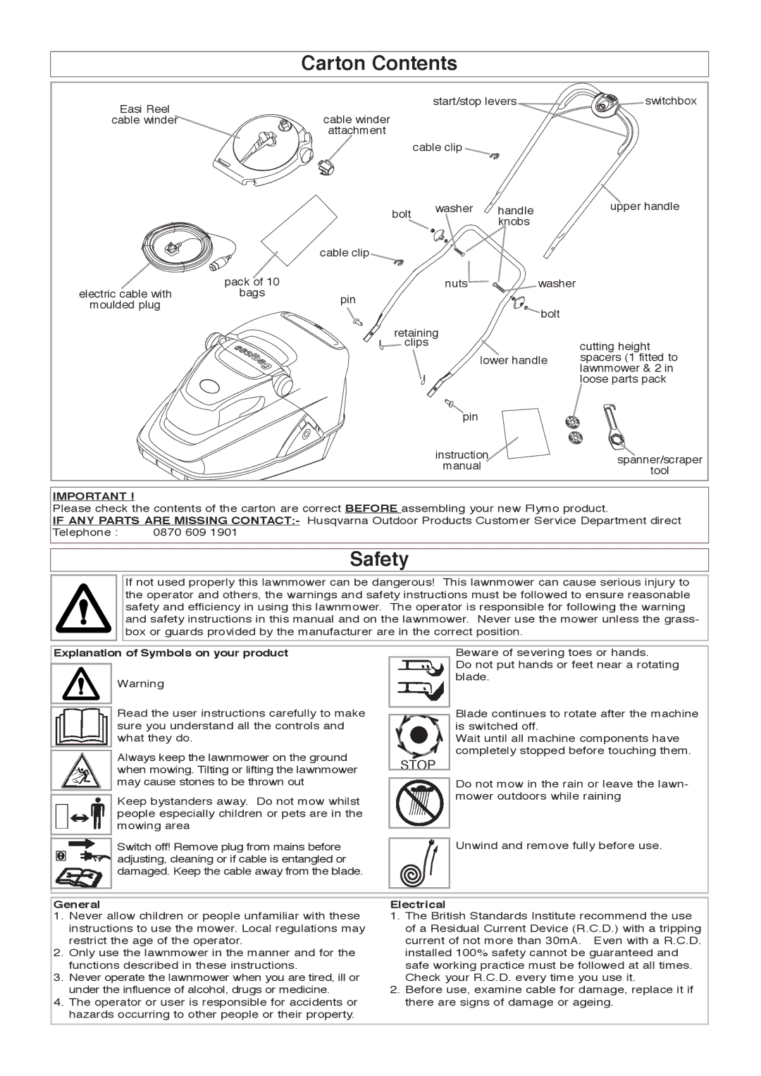 Flymo 350 Plus manual Carton Contents, Safety 