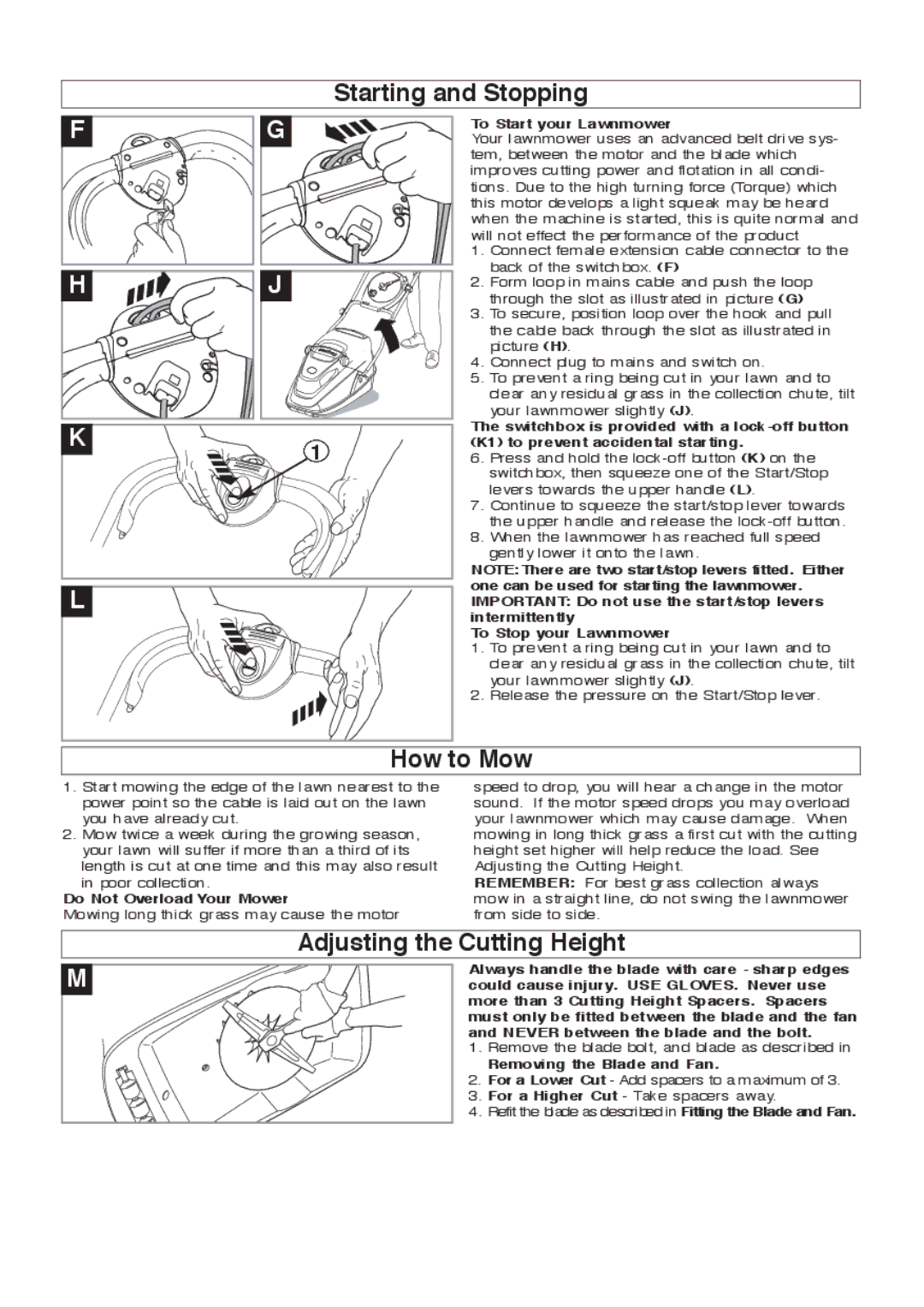 Flymo 350 Plus manual Starting and Stopping, How to Mow, Adjusting the Cutting Height 