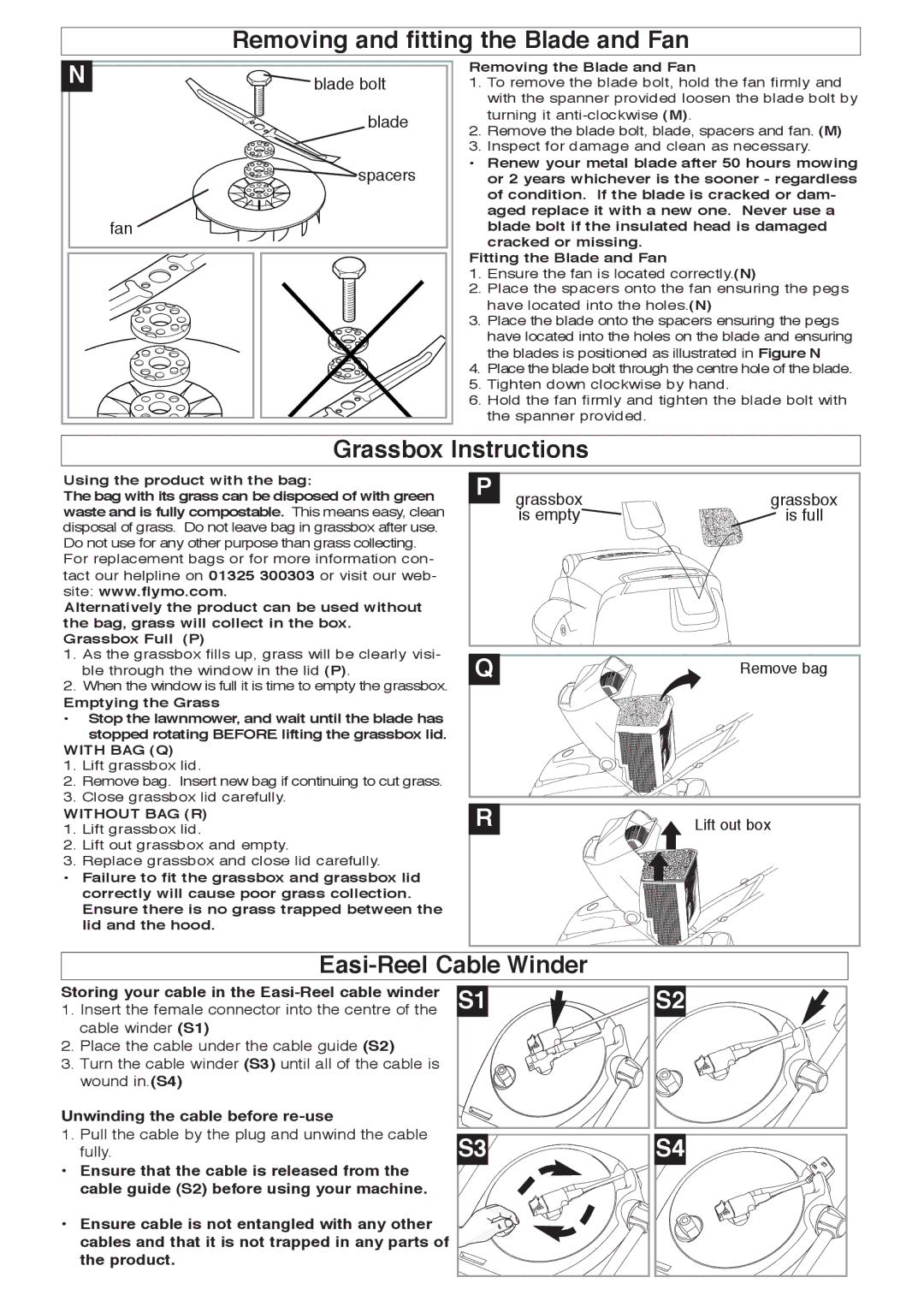 Flymo 350 Plus manual Removing and fitting the Blade and Fan, Grassbox Instructions, Easi-Reel Cable Winder 