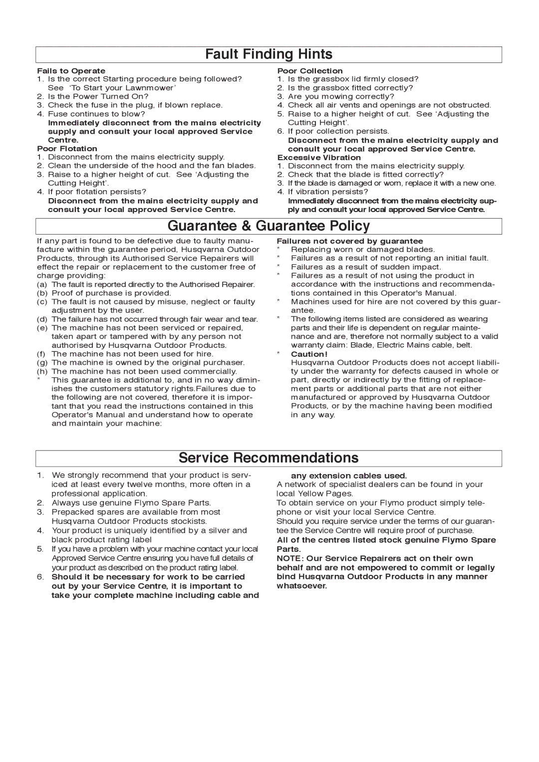 Flymo 350 Plus manual Fault Finding Hints, Guarantee & Guarantee Policy, Service Recommendations 